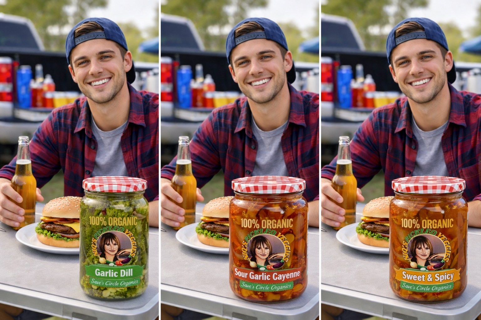 A smiling man wearing a blue baseball cap, grey t-shirt, and red plaid shirt, sitting at a table with a sandwich and a bottle of beer, outdoors with a truck in the background. In front of him are three jars of organic garlic pickles labeled garlic dill, sour garlic cayenne, and sweet & spicy.
