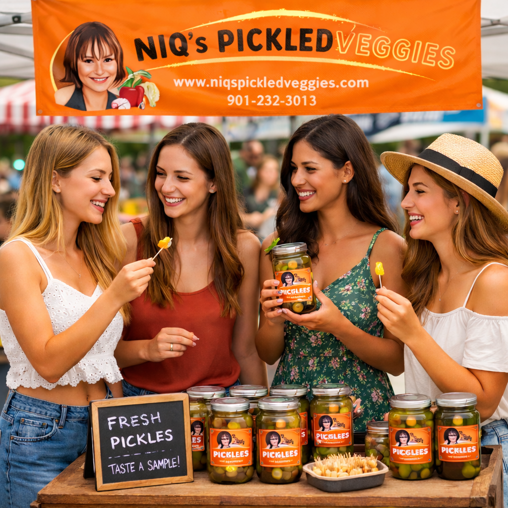 Four women smiling and sampling pickles at a market stall with jars labeled  NIQ's Pickled Veggies. A woman in the middle holds a jar of pickles, while the others use toothpicks to taste samples. The stall has a chalkboard sign that says 'Fresh Pickles - Taste a Sample!' and a colorful banner overhead.