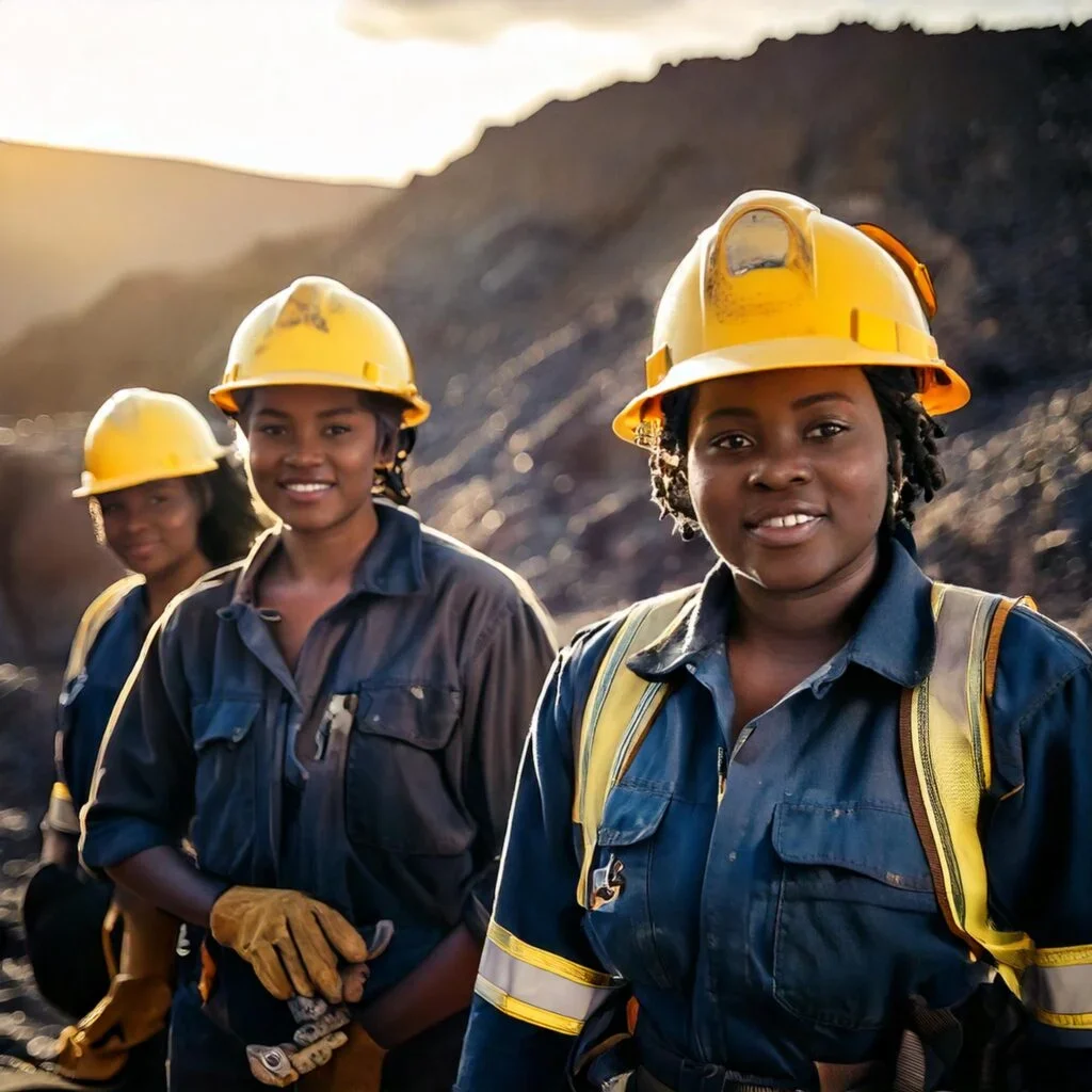 Three women wearing yellow safety helmets and blue work uniforms with gloves, standing in a mining or excavation site with dark earth and hills in the background.