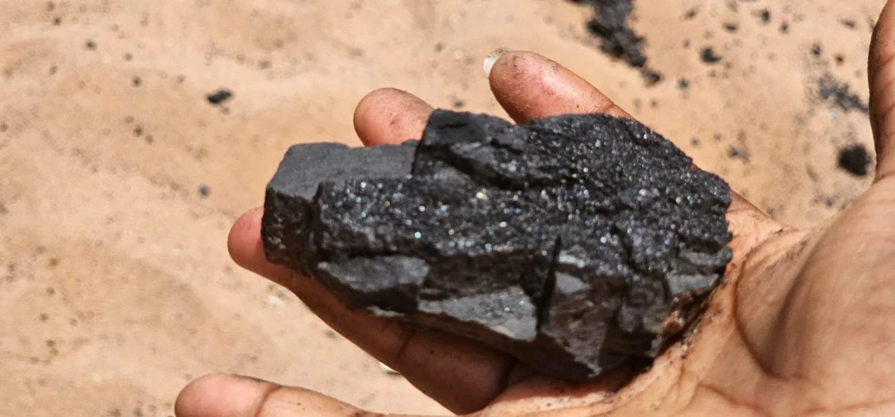 Person holding a large chunk of black coal with a dirty background.