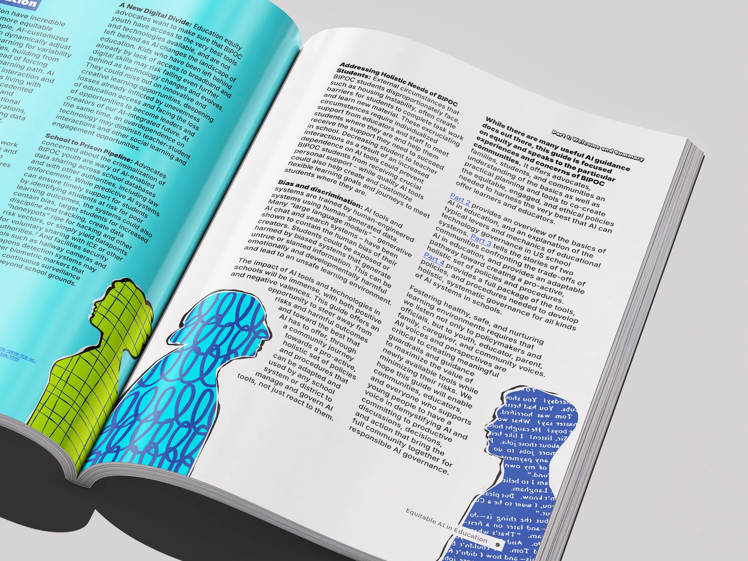 A booklet opened to a spread showing bright green and blue illustrations of cutout silhouettes of people. There is 2-column text