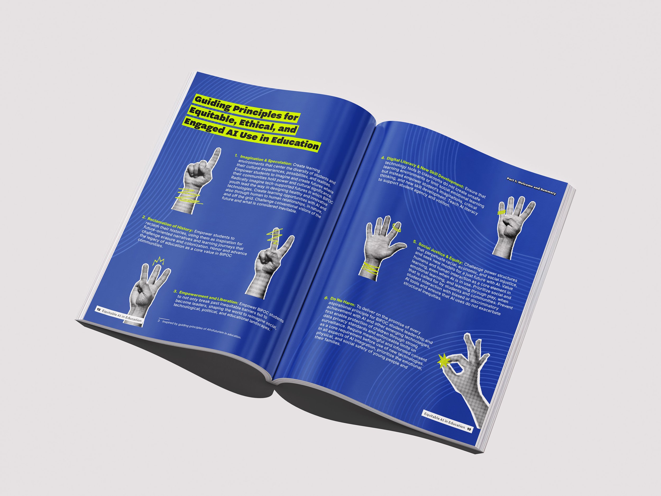 A booklet opened to a spread that's royal blue with black and white photo illustrations of hands counting 1-5 and "OK" with text