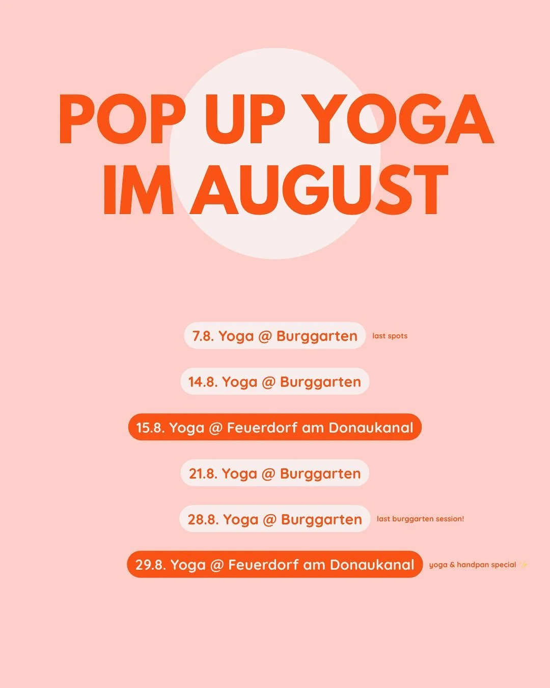 Pop Up Yoga im August ✨☀️
Der Sommer in Wien war ja bis jetzt eine kleine Achterbahnfahrt zwischen der n&auml;chsten Hitzwelle und spontanen Platzregen-Experiences 😅🎢
Bei unseren Summer Sessions im August sind Urlaubsgef&uuml;hle und Ensptannung da