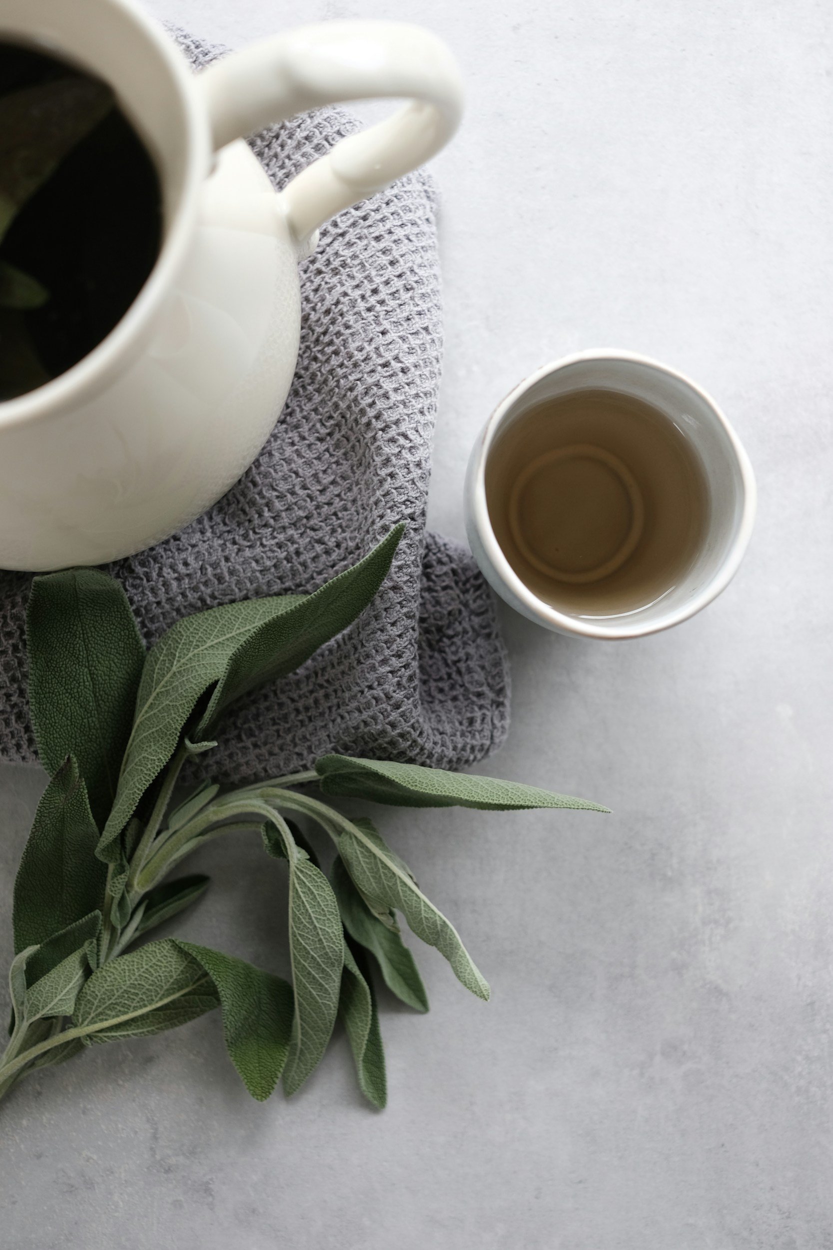 Top view of a white teapot with a dark liquid inside, a small empty cup, a gray textured cloth, and green foliage on a light gray surface.