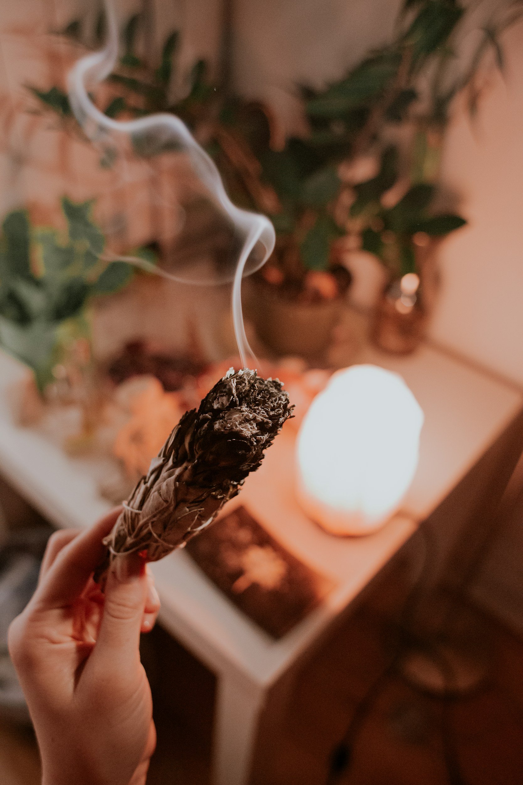 Close-up of a hand holding a smoldering sage bundle with smoke rising from it, in a dimly lit room with a glowing salt lamp and houseplants in the background.