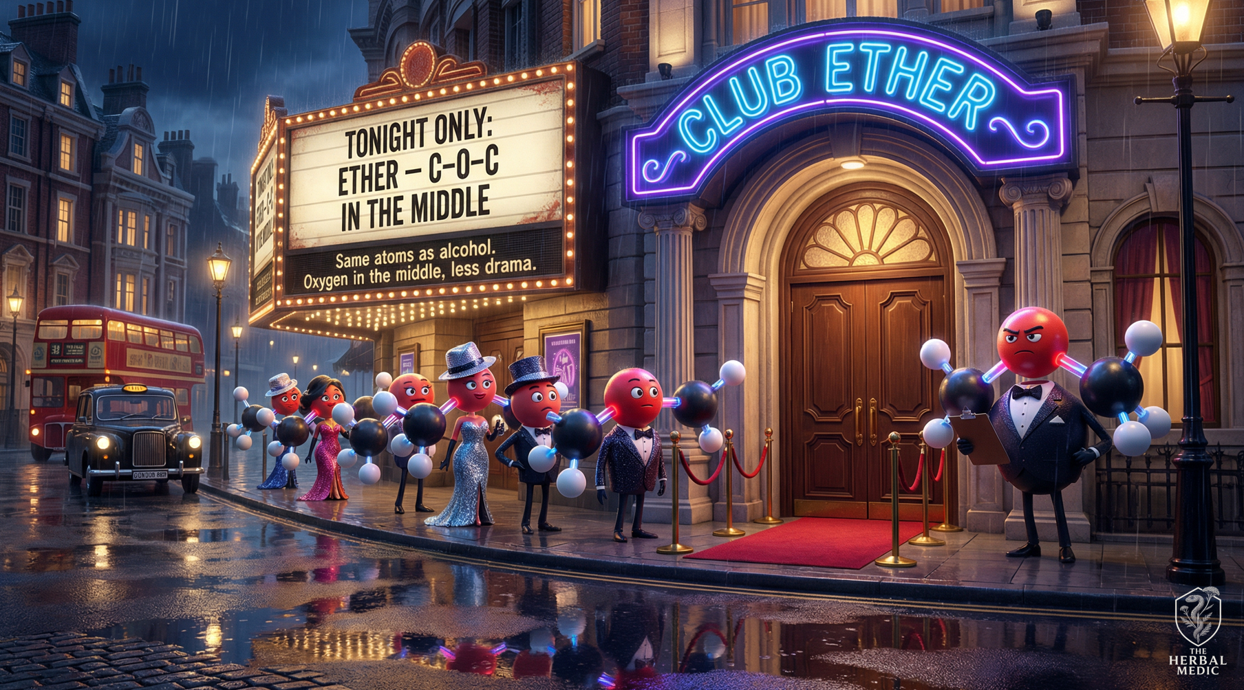 Animated scene outside a nightclub called 'Club Ether' with characters dressed in formal attire, some with hydrogen atom head designs, standing in line on a rainy street. The marquee sign advertises an event tonight featuring 'Ether - C-O-C in the Middle,' with a description about atoms and alcohol. A double-decker bus and a classic taxi are parked nearby.