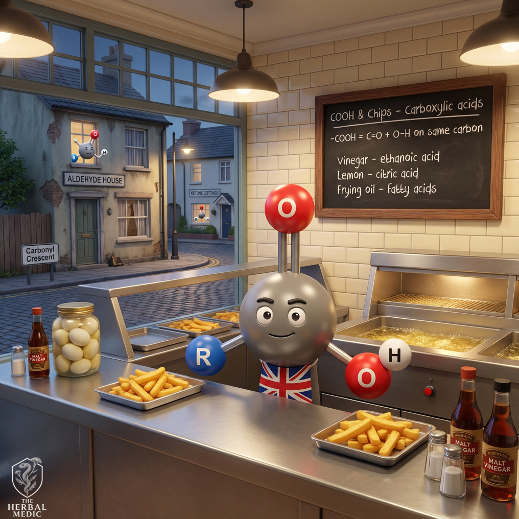 Animated kitchen scene with a cartoon atom mascot, holding objects with chemical symbols, in front of a chalkboard explaining acids and chemical concepts. Outside is a street with houses and signs, including one labeled ALDEHYDE HOUSE.