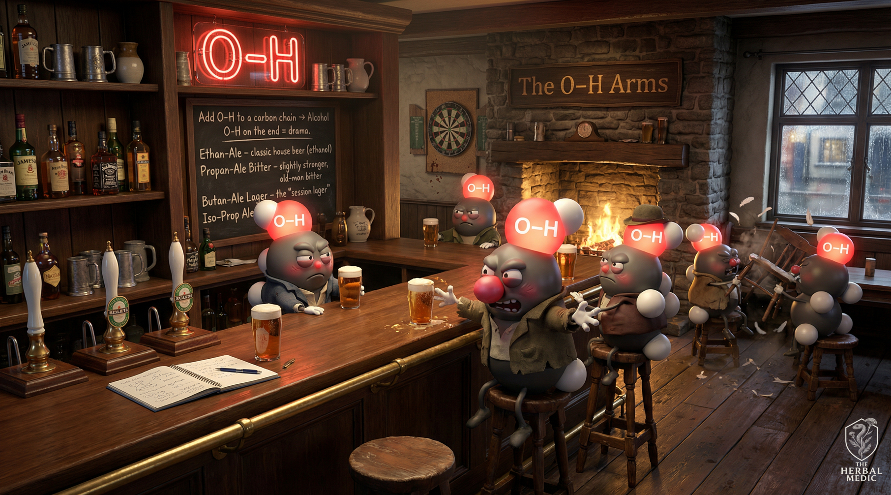 Cartoon characters with exaggerated noses and glowing O-H logos on their heads, inside a cozy pub with a bar, fireplace, and dartboard, engaging in animated conversations and activities.