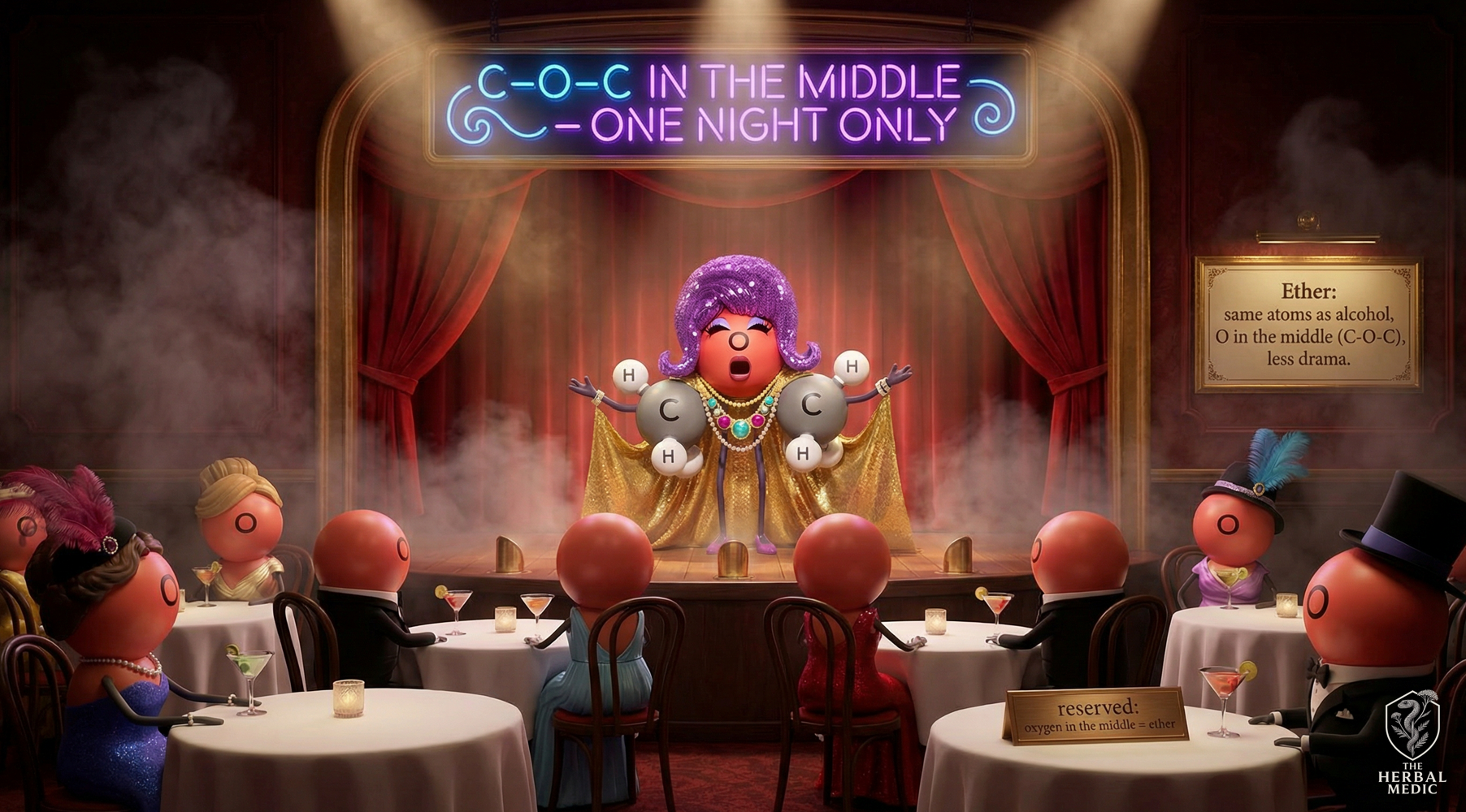 A puppet show with a purple-haired puppet on stage holding molecular models of C-O-C with a sign overhead reading 'C-O-C in the middle, one night only.' The puppet is wearing a gold cape and jewelry, with an audience of puppets dressed in formal attire seated at tables with drinks, candles, and signs about ether.