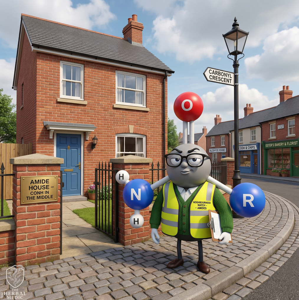 A cartoon character dressed as a neighborhood watch officer standing next to a brick house with a gate. The character has a large head with a gas mask or a round device on top that resembles a sphere with a ring, and goggles. It wears a yellow safety vest with 'Neighborhood Watch – Amides' written on it, a green sweater, and dark pants. The character is holding a clipboard and standing on a cobblestone street. There is a street sign pointing to Carbonyl Crescent and a building with a bakery and florist shop in the background.