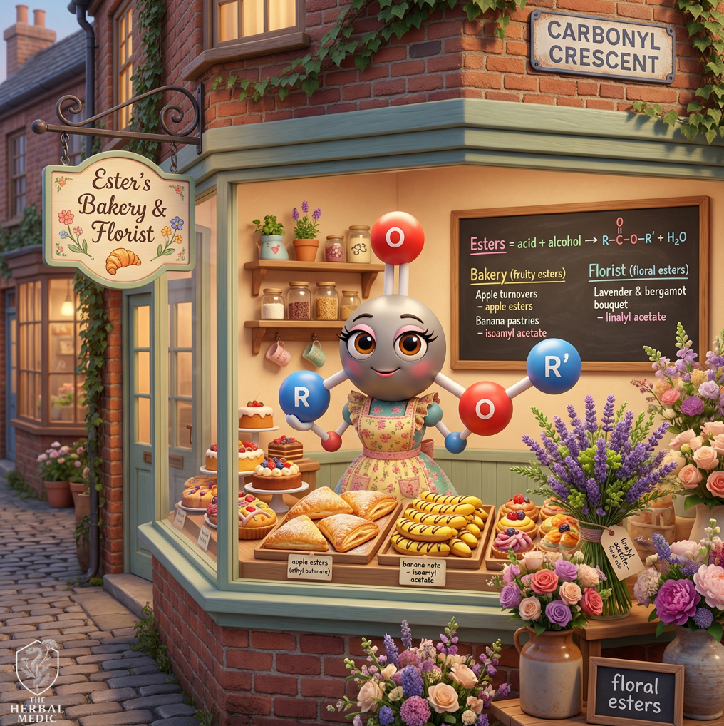 A bakery shop called 'Ester's Bakery & Florist' on a corner street named 'Carbonyl Crescent'. The shop displays baked goods such as apple turnovers, banana note pastries, and various flower bouquets. A cartoon character with a planetary atom model head is standing behind the counter, which has a chalkboard explaining esters, bakery items, and floral esters. The shop is decorated with flowers and has warm lighting from inside.
