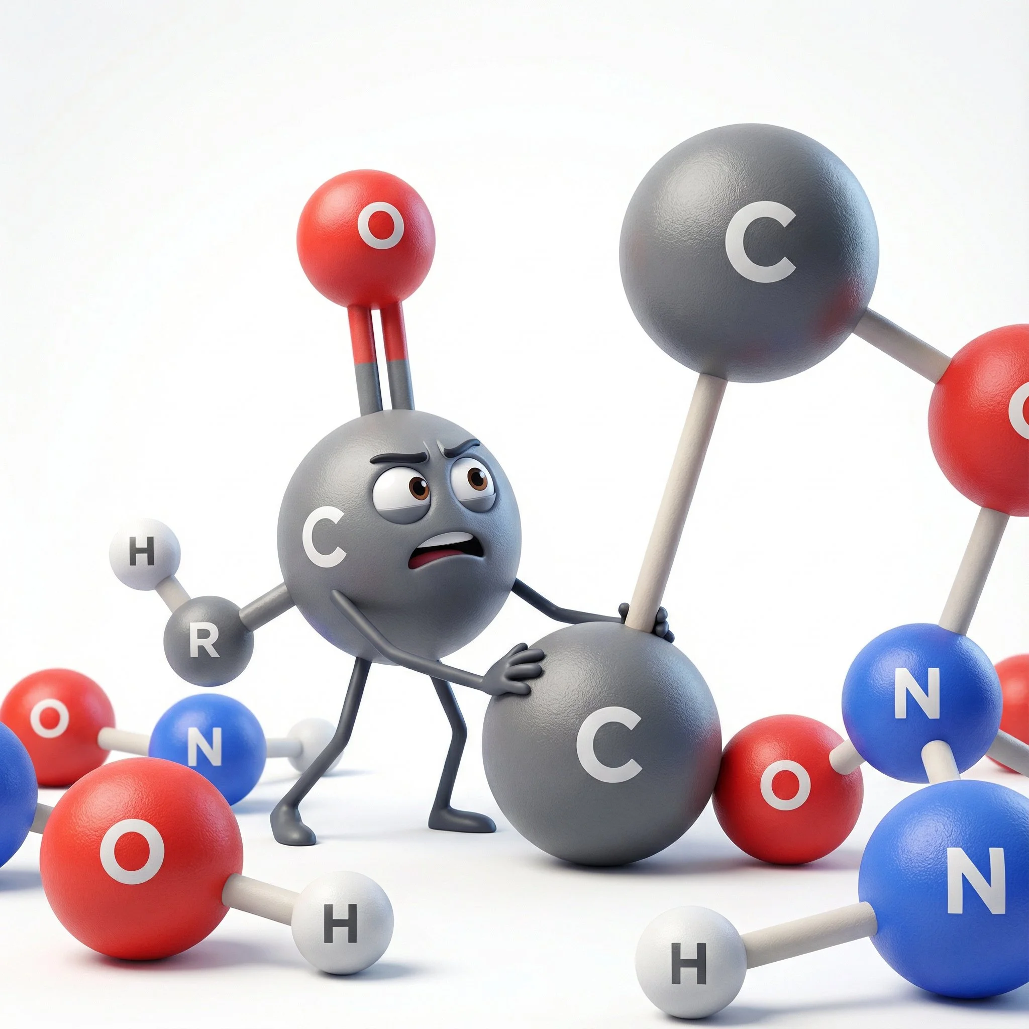 Animated image of ball and stick molecule character trying to build other ball and stick molecule