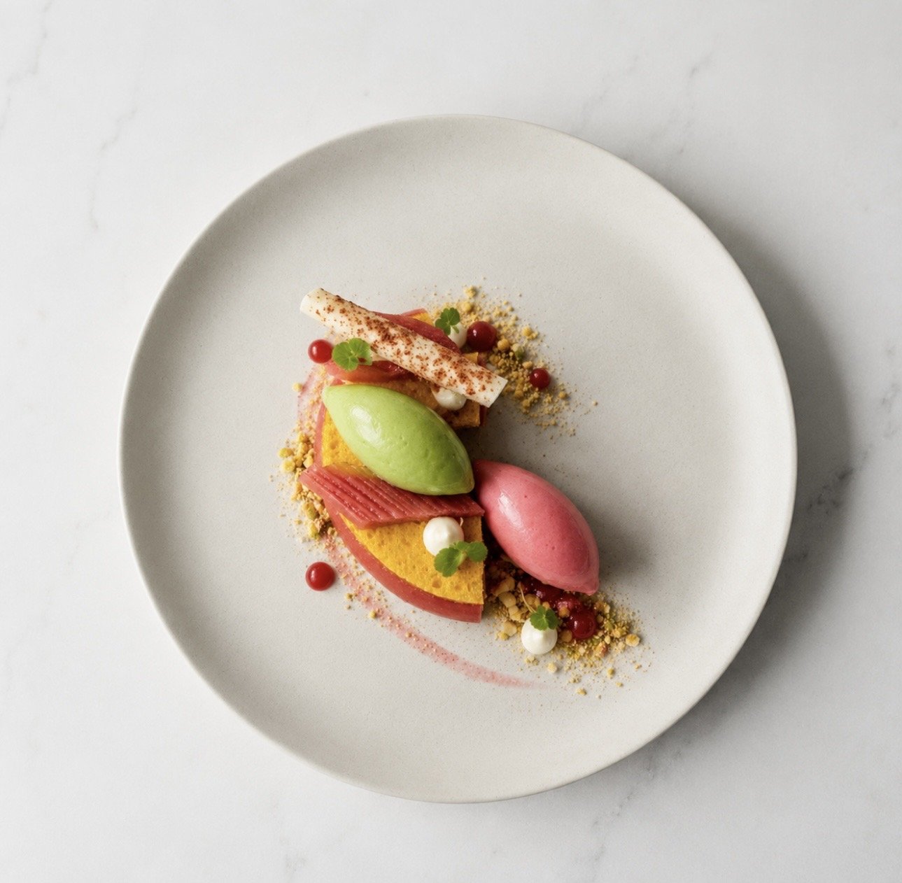 Elegant plated dessert with pink and green sorbet, pink slices, white meringue, red berries, and small green leaves on a white plate.