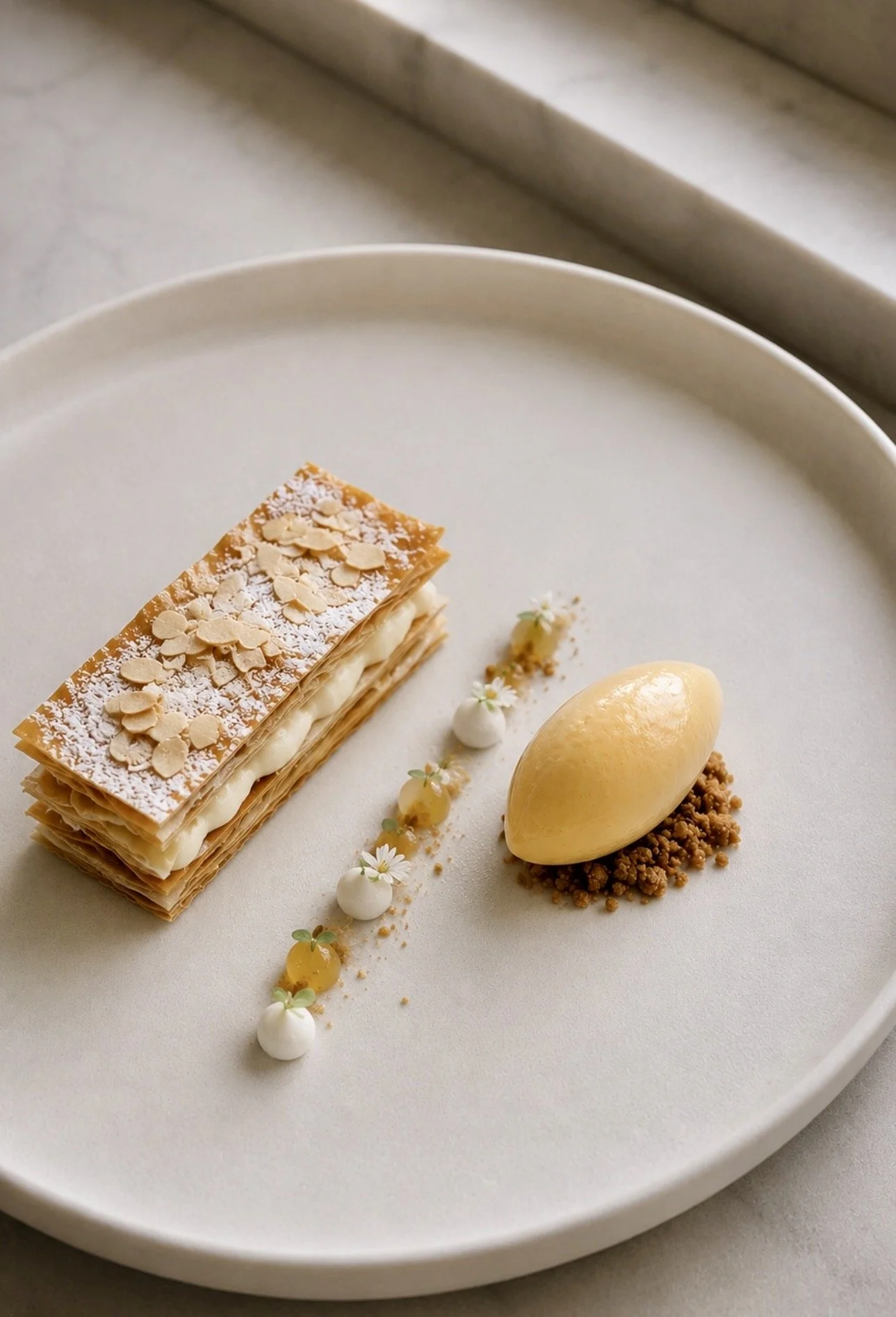 A dessert plate featuring an elegant layered pastry topped with slivered almonds and powdered sugar, a smooth yellow scoop of sorbet, small decorative dollops of cream with tiny edible flowers, and a crumbly brown topping on the side, all arranged on a white round plate.