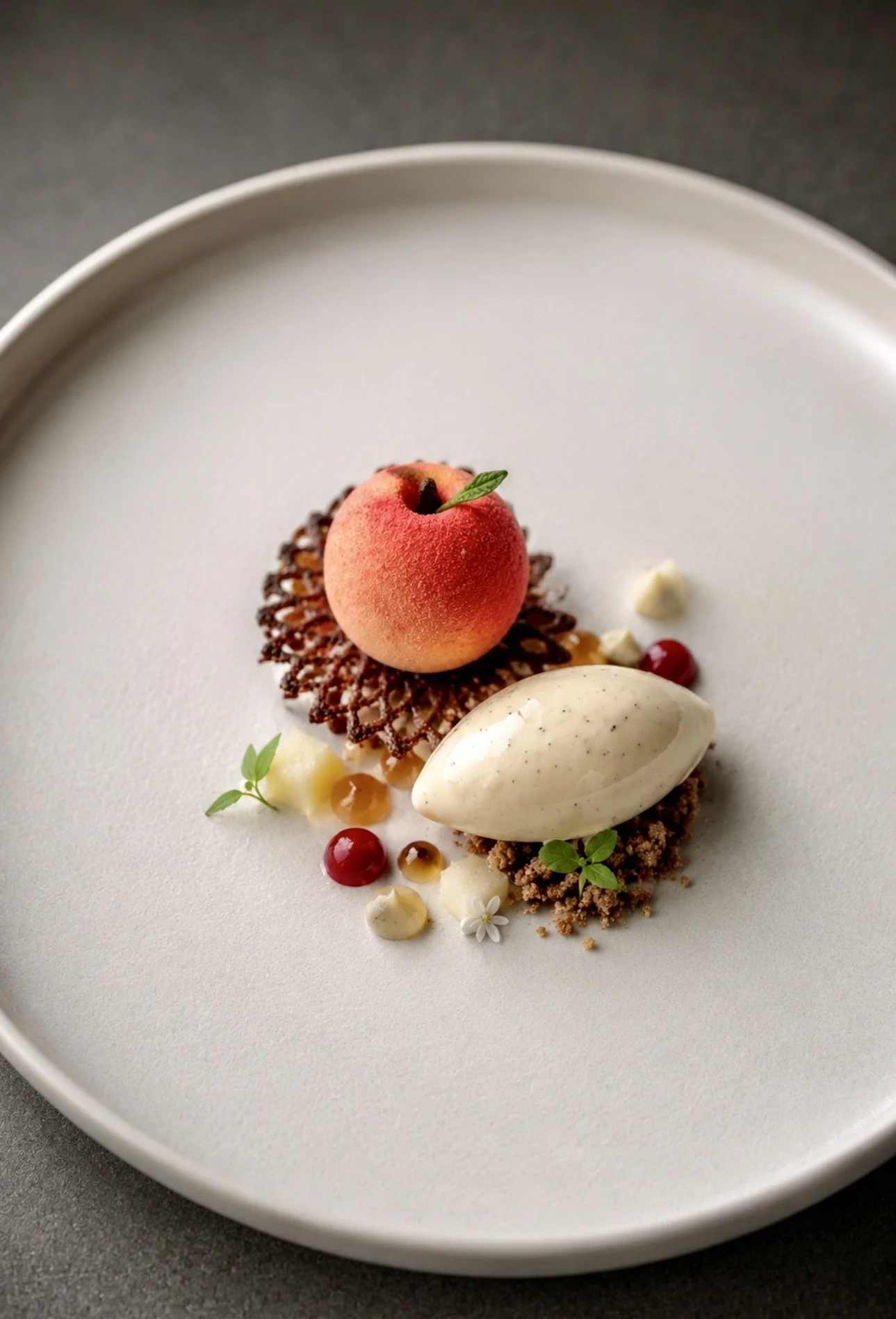 Gourmet dessert with a peach, white ice cream, small edible flowers, berries, and decorative elements on a white plate.