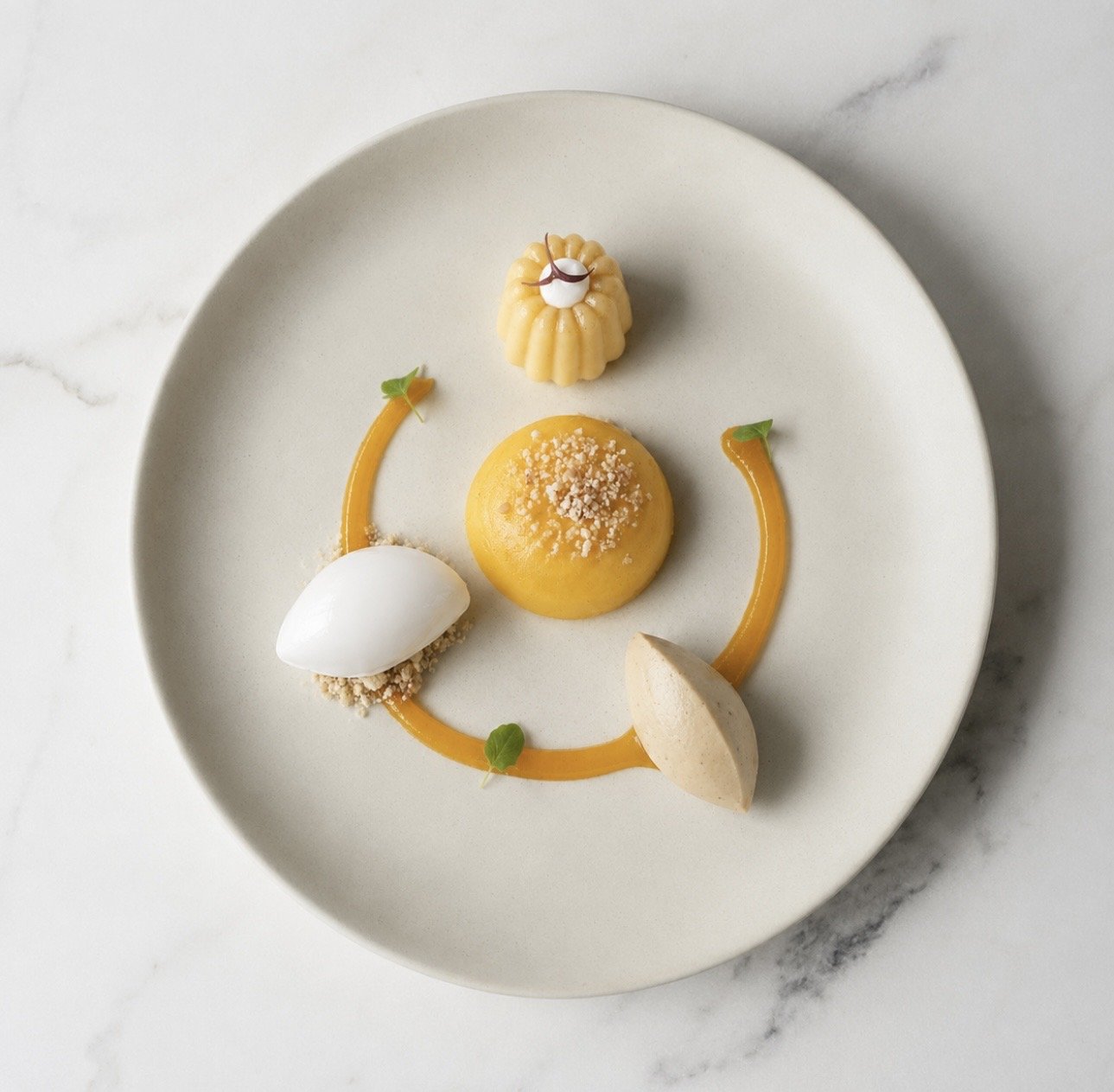 Elegant plated dessert featuring a central yellow dome topped with crumbled white decoration, a scoop of white ice cream, two beige meringue cookies, orange sauce curved into a smile, small green leaves, and a small piped cream perched on a fluted cream mold at the top.