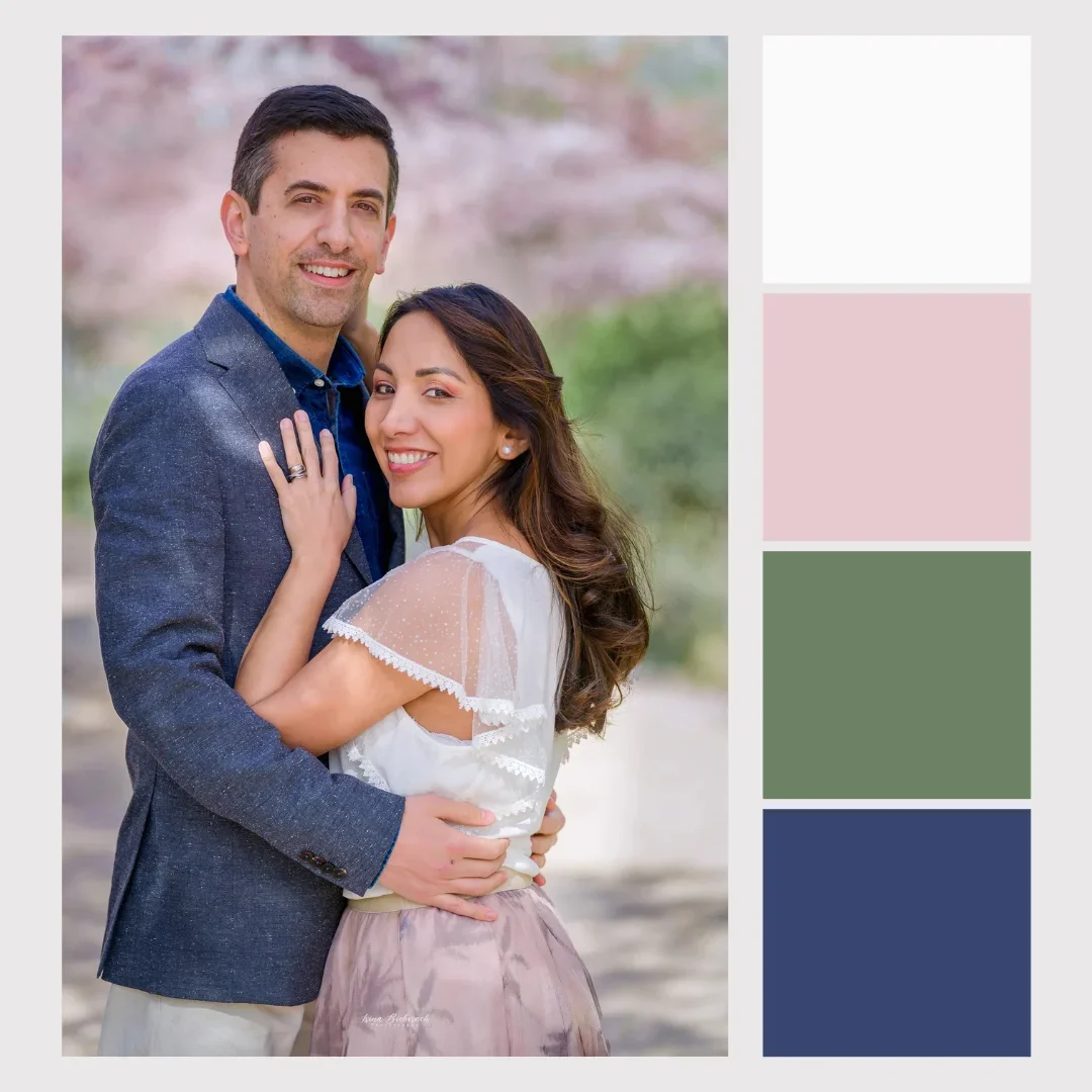 Palette de couleurs et idées de tenues pour shooting photo couple cerisiers japonais.