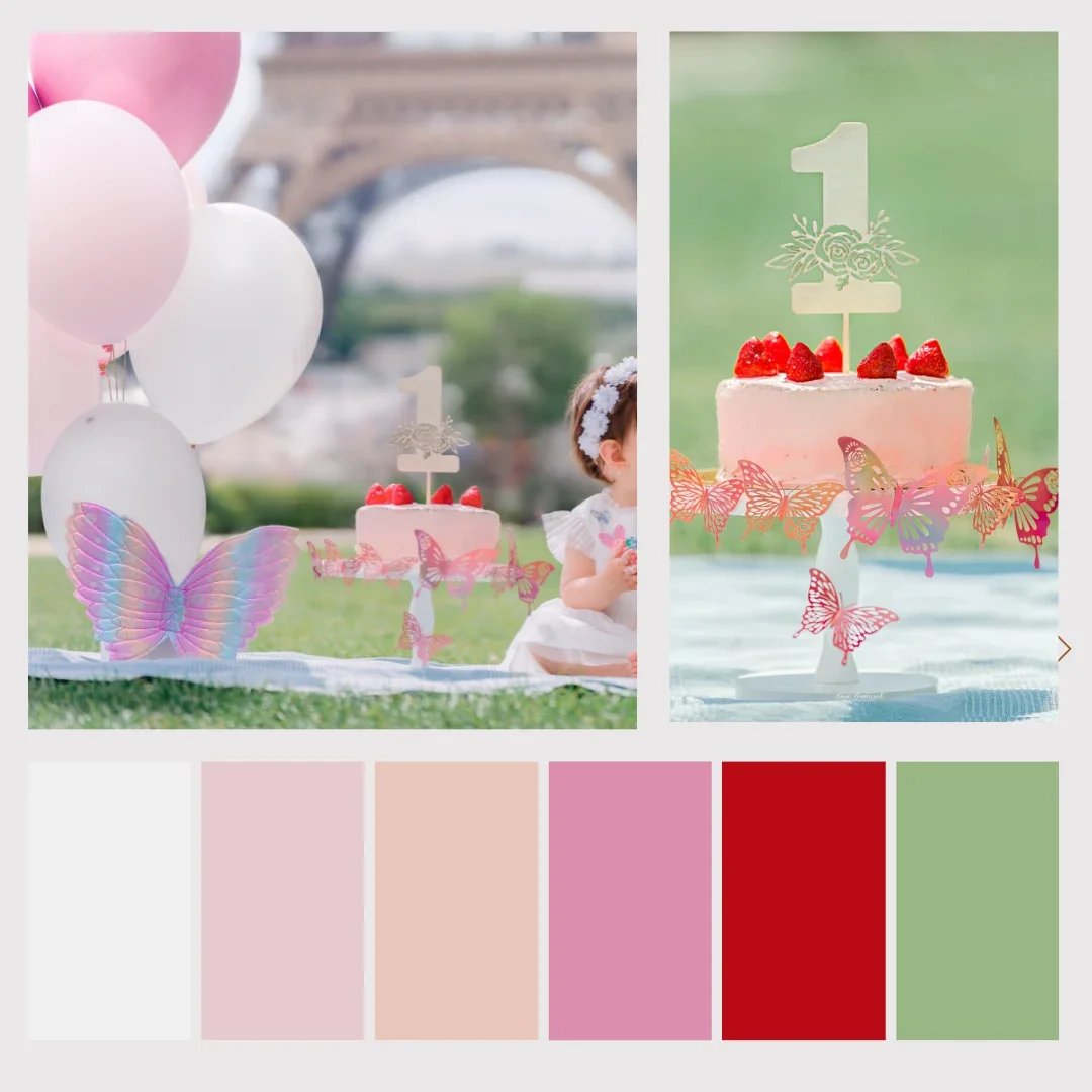 Moodboard et palette de couleurs pour une séance photo Smash the Cake : blanc, vieux rose, rose vif, vert sauge.