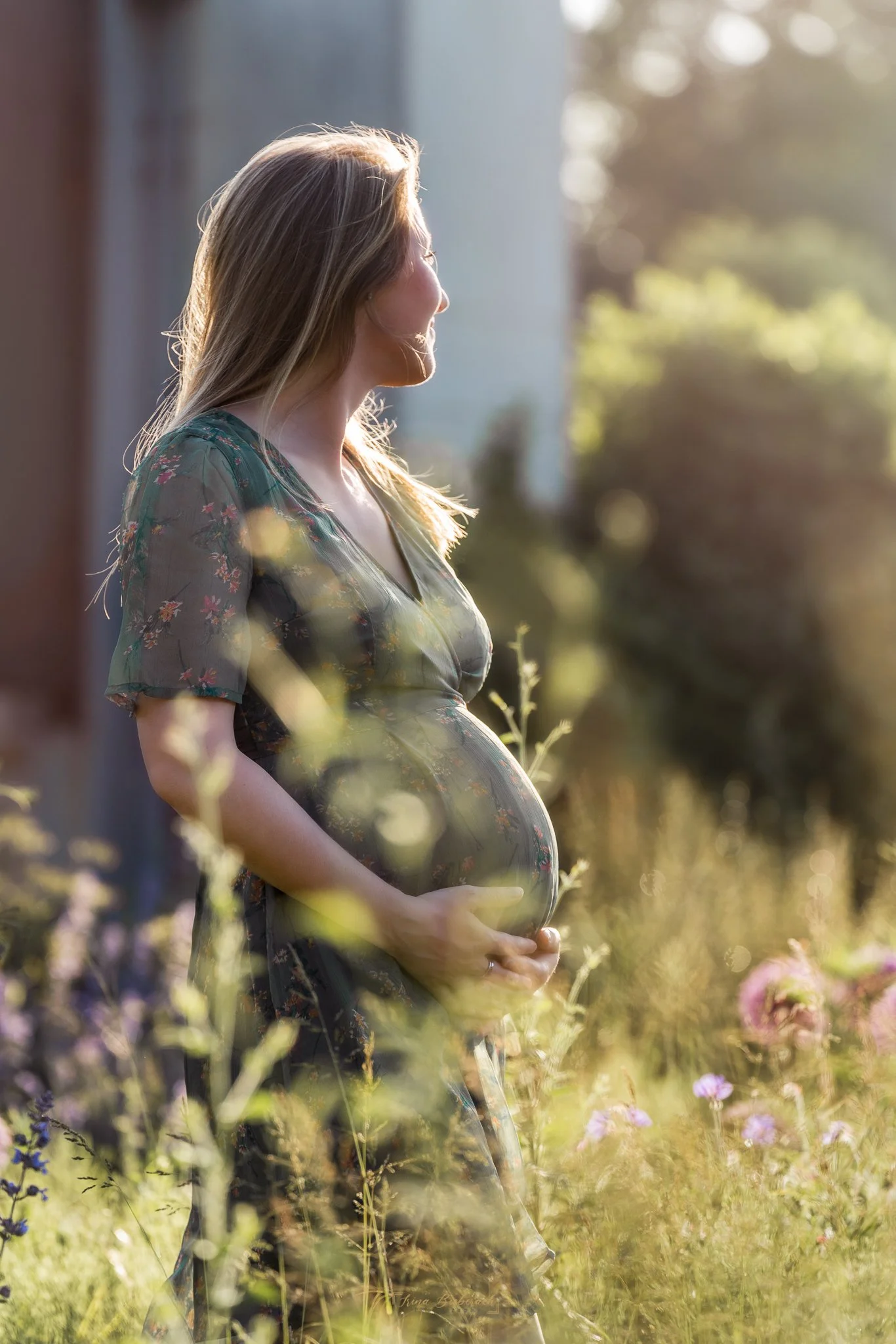 Femme blonde enceinte entre les branches et fleurs en contre jour pendant un coucher de soleil dans le parc de l île Saint Germain