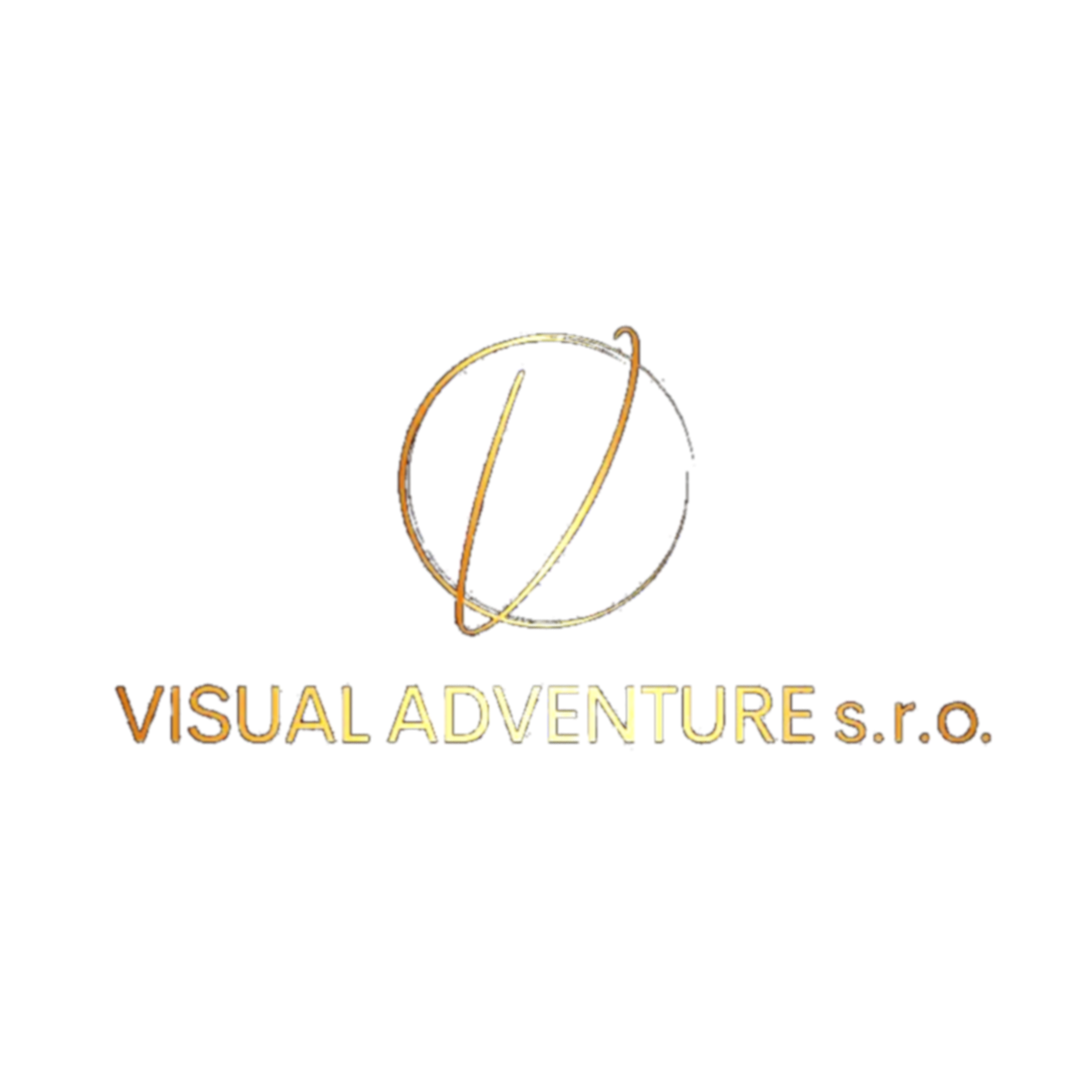 Logo for Visual Adventure, featuring a stylized letter 'V' inside a circle with a metallic gold finish, on a black background, with the text 'VISUAL ADVENTURE S.R.O.' in gold uppercase letters.