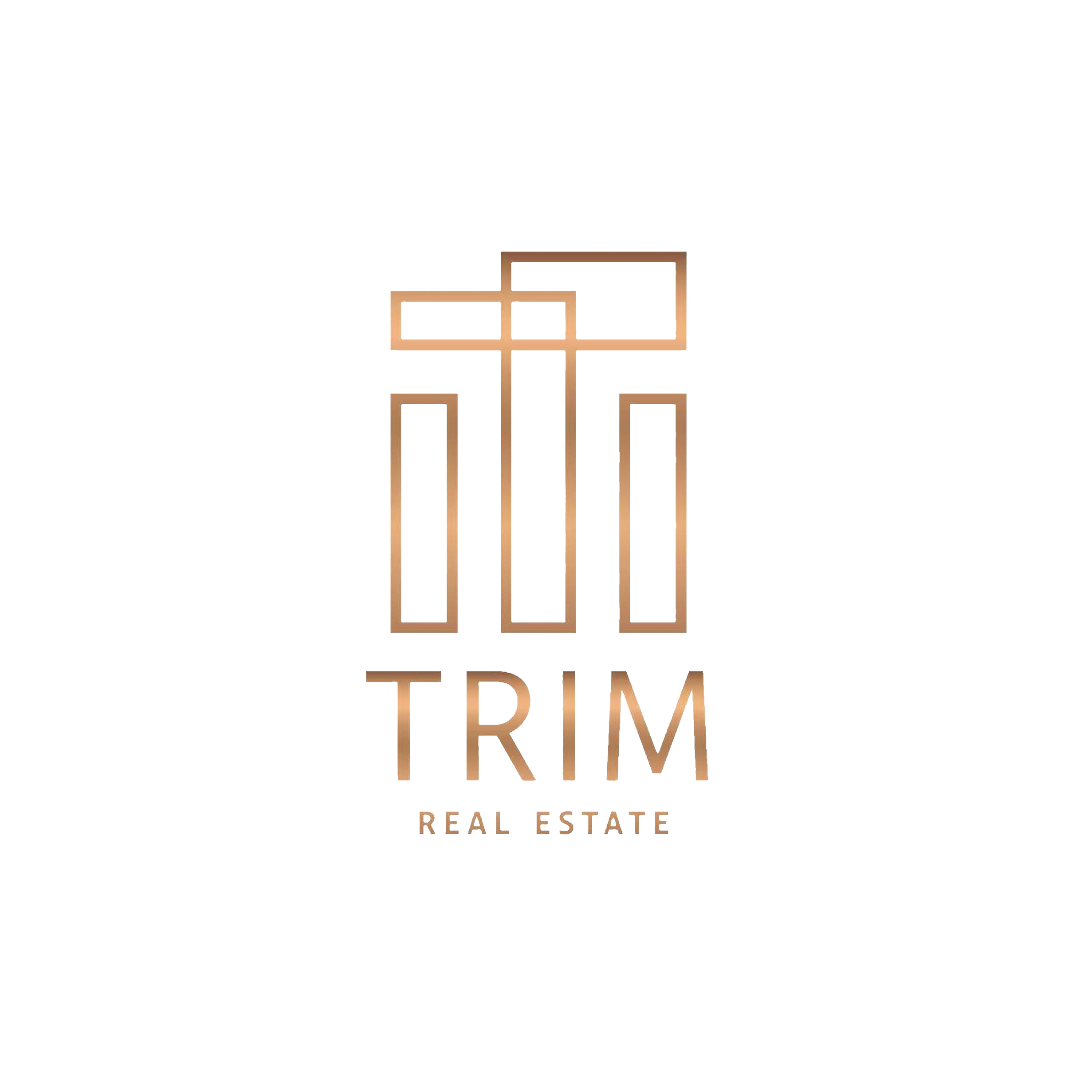 Gold-colored logo with a geometric building design and the text 'TRM Real Estate' underneath.