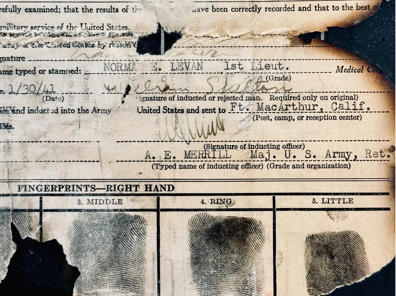 A military record showing burns from the 1973 fire at the National Archives that