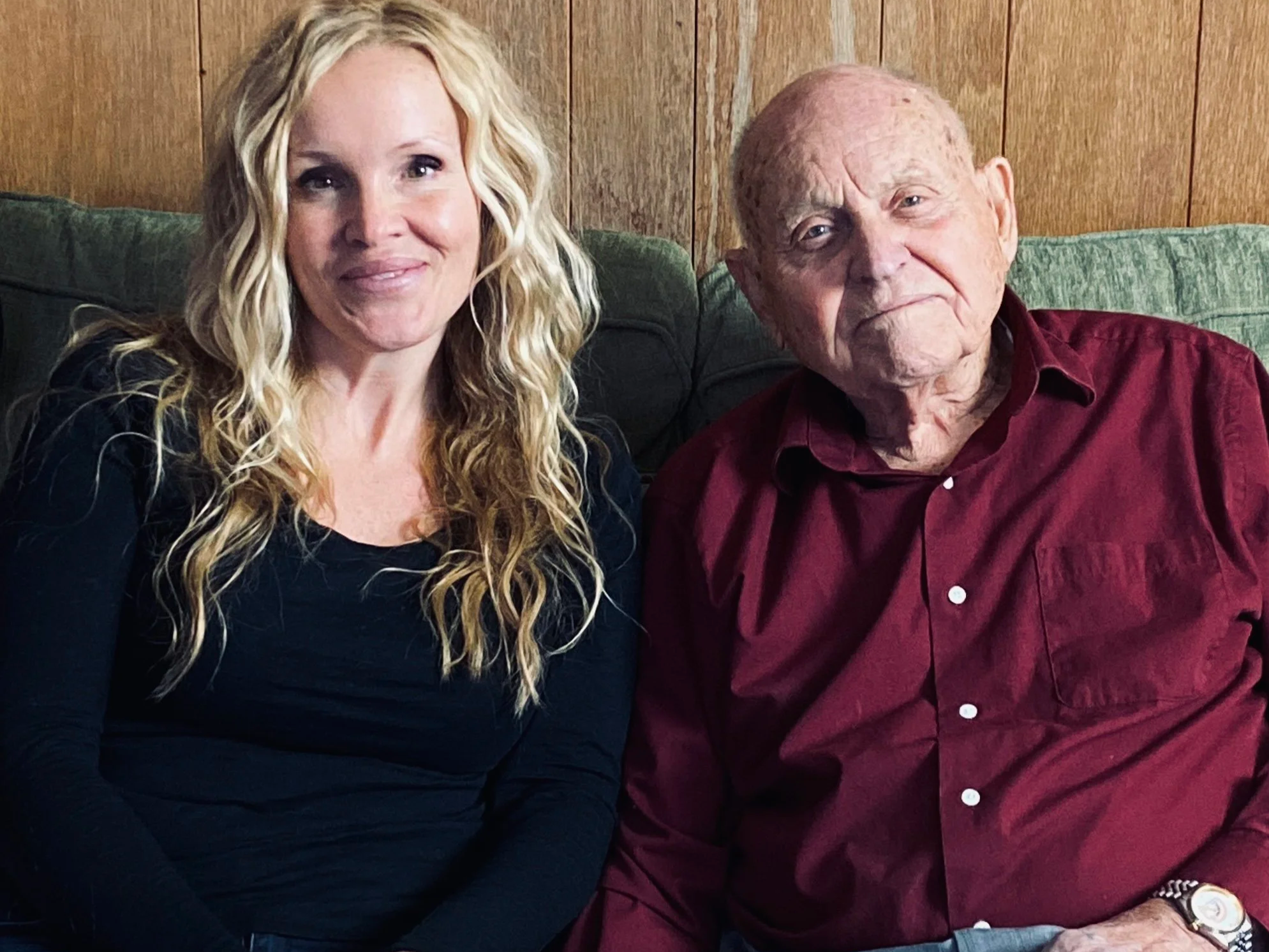 Historian Erin Faith Allen with 42nd Rainbow Division WWII veteran Lockered Bud Gahs at his home, 2019
