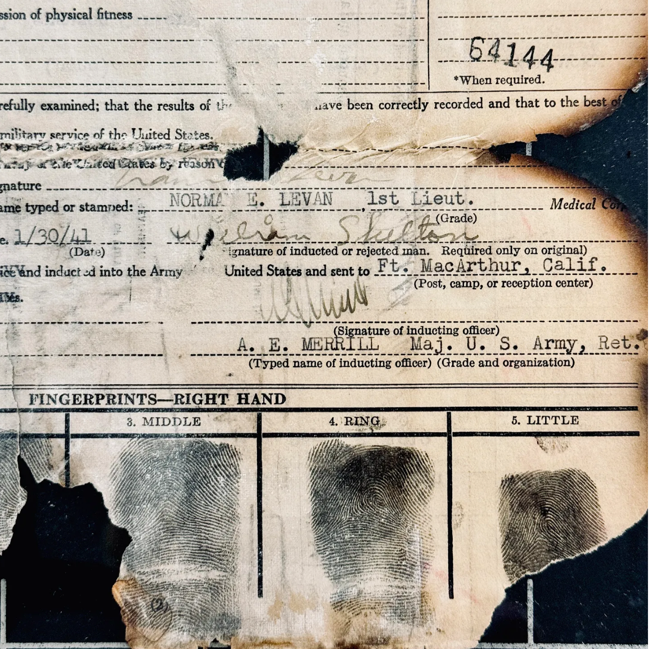 Historian Erin Faith Allen finds OMPF, Official Military Personnel file, burned military record from the 1973 St Louis fire.