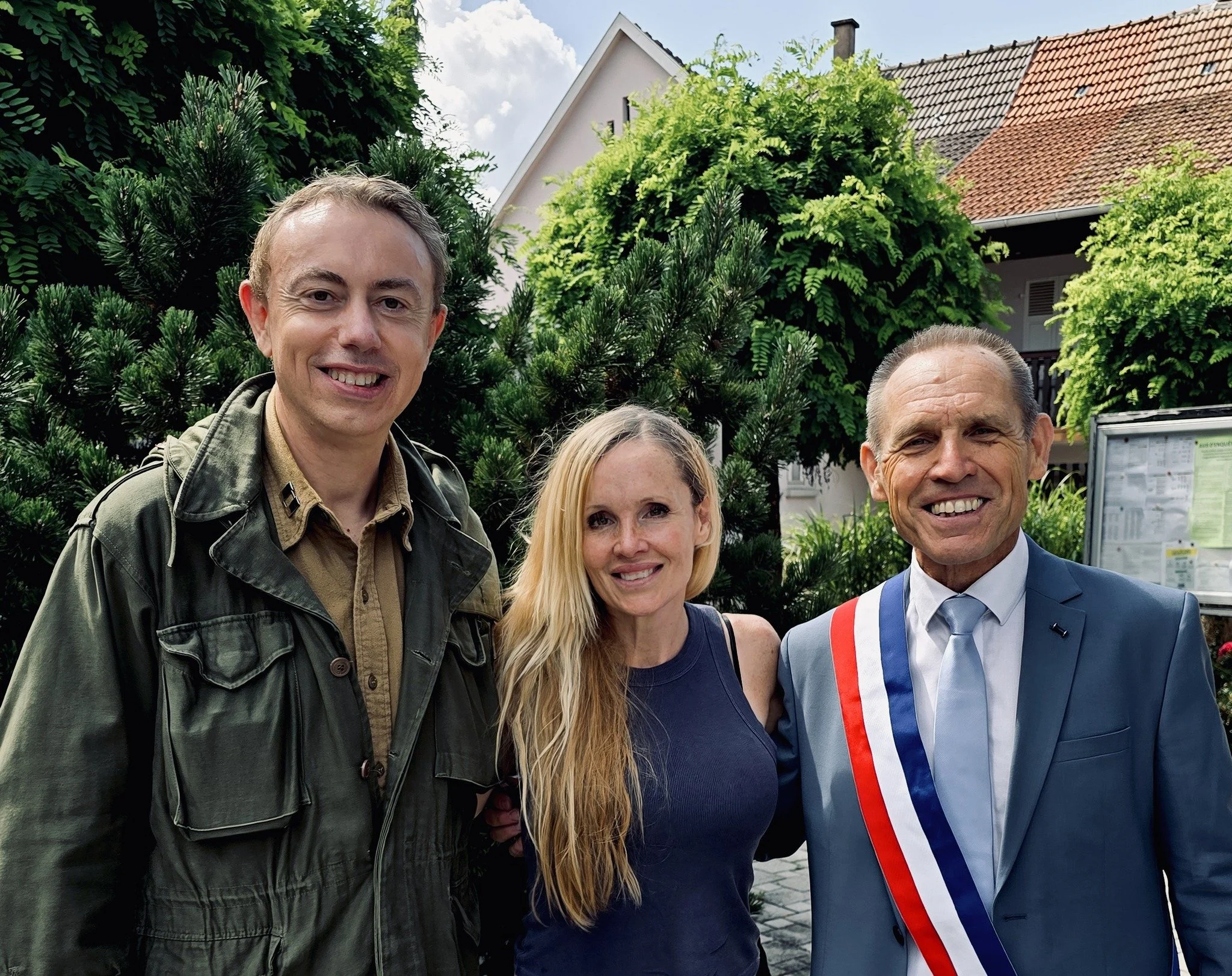 Erin Faith Allen with historian Materne Schaerlinger and Mayor Claude Bebon of Dauendorf, Alsace — 42nd Rainbow Division research, Fortitude Research