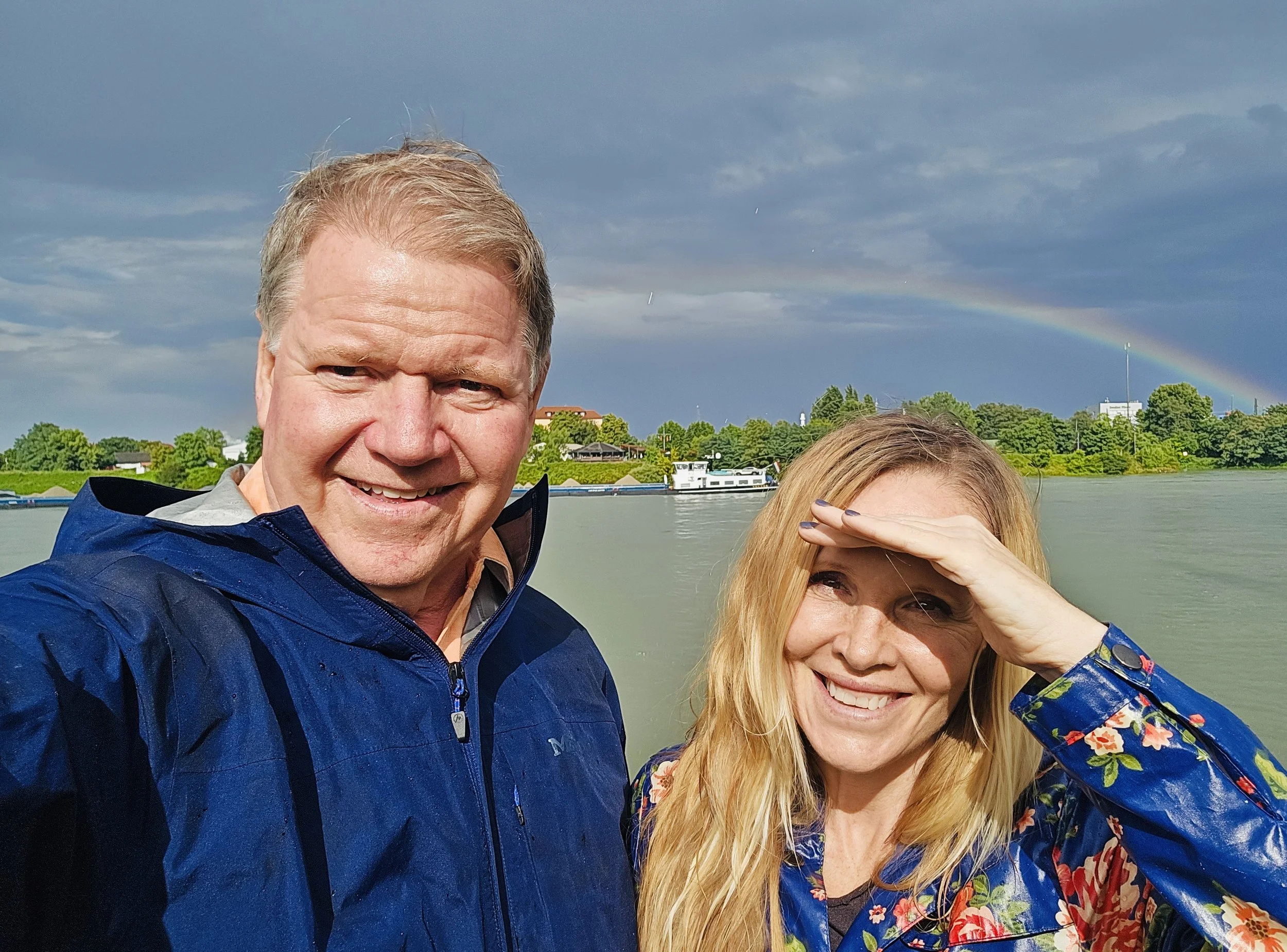 Historian Erin Faith Allen and Tom Breen at the Rhine in Strasbourg, France, retracing the WWII path of 42nd Rainbow Division veteran Vernon Breen, 2025