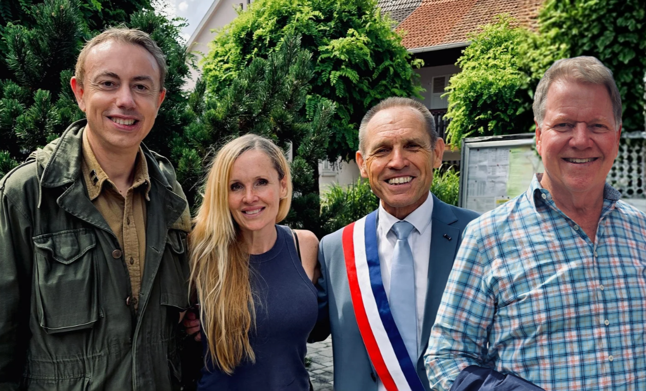 Historian Erin Faith Allen with Tom Breen, Materne Schaerlinger and the mayor of Dauendorf in France, on a tour of the Rainbow Division