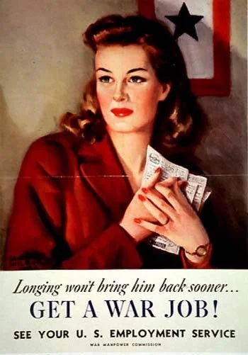 A 1944 War Manpower Commission poster by Lawrence Wilbur showing a well-dressed woman holding V-mail letters, with the text Longing Won't Bring Him Back Sooner, Get a War Job. Issued by the U.S. Government Printing Office.