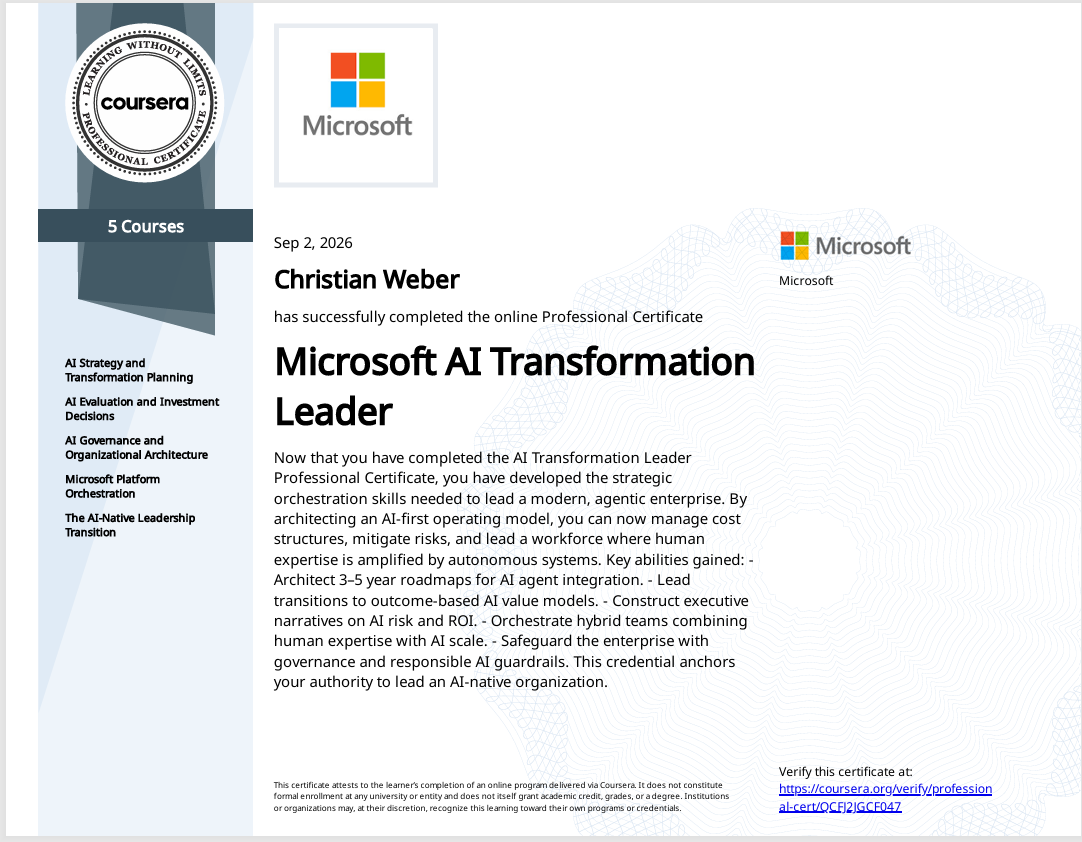 Professionelles Zertifikat "Microsoft AI Transformation Leader" (Coursera, Microsoft) für Christian Weber, ausgestellt am 2. September 2026.