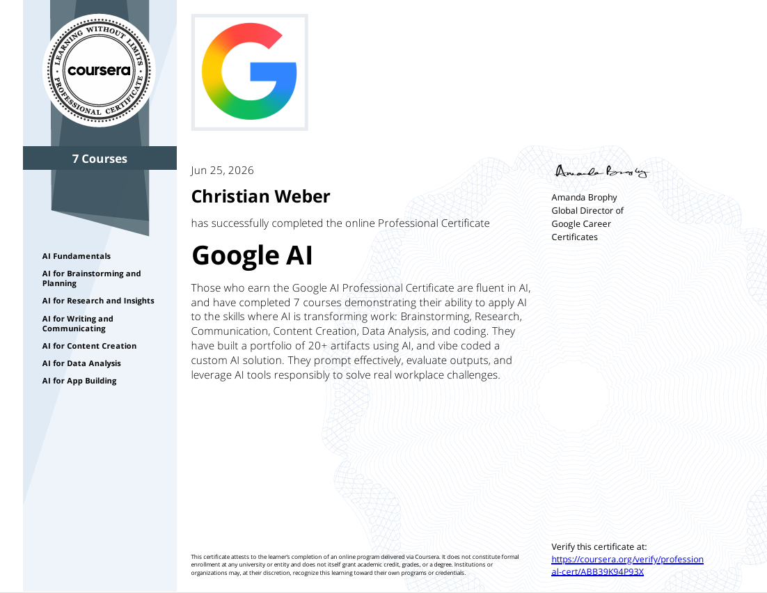 Professional Certificate "Google AI" für Christian Weber vom 25. Juni 2026.