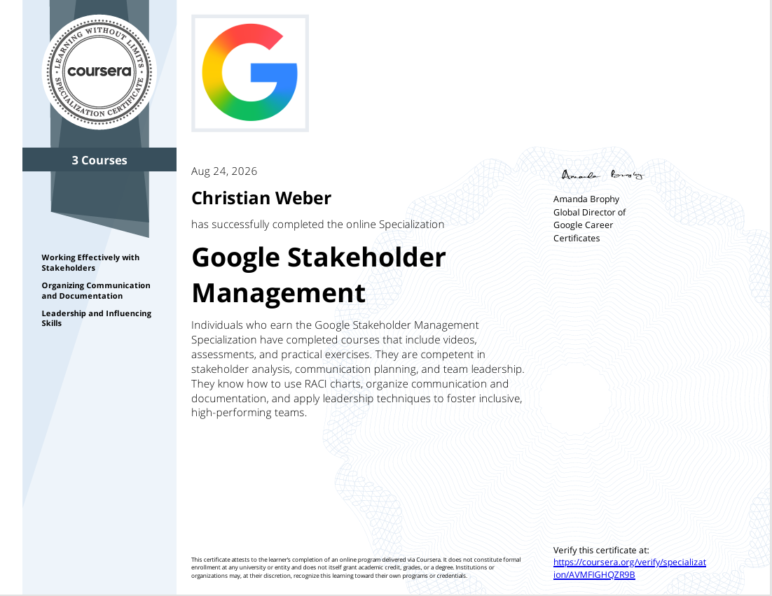 Spezialisierungszertifikat 'Google Stakeholder Management' von Christian Weber, ausgestellt am 24. August 2026.