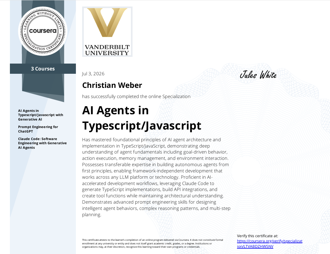 Spezialisierung "AI Agents in Typescript/Javascript" für Christian Weber vom 3. Juli 2026.