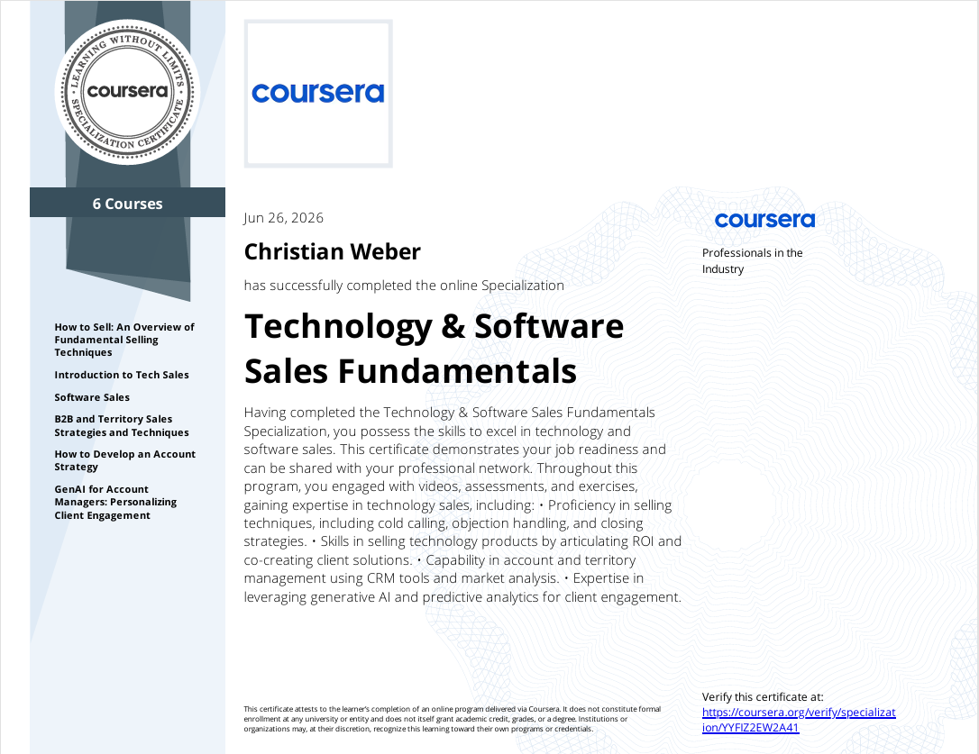 Spezialisierung "Technology & Software Sales Fundamentals" für Christian Weber vom 26. Juni 2026.