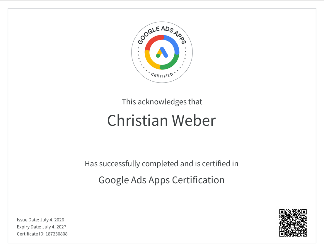 Zertifikat für den Abschluss der Google Ads Apps Zertifizierung, ausgestellt an Christian Weber, mit einem QR-Code in der Ecke.