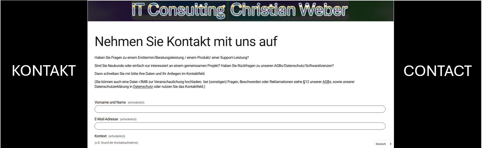 Preview-Button zur Kontaktseite für Name, E-Mail und Kontext.