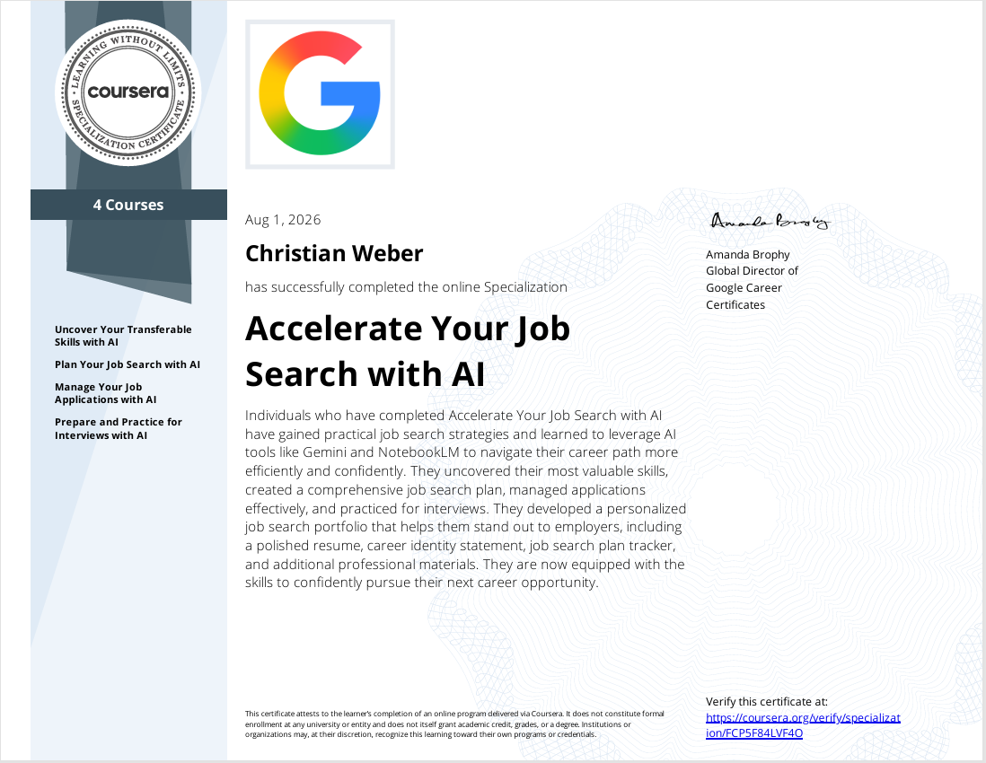 Spezialisierungszertifikat 'Accelerate Your Job Search with AI' von Christian Weber, vom 1. August 2026, Google Career Certificates.
