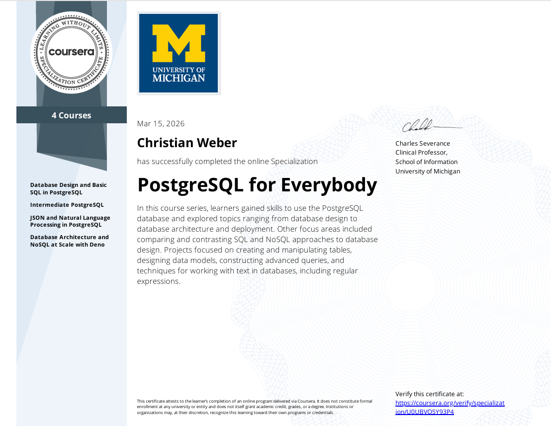 PostgreSQL for Everyone, University of Michigan, Coursera, für Christian Weber ausgestellt.