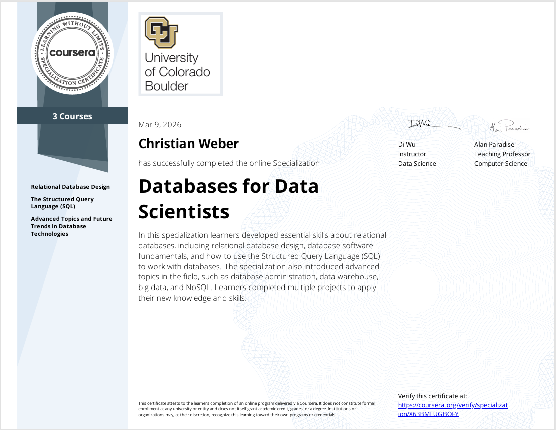Databases for Data Scientists -Spezialisierung, University of Colorado Boulder, Coursera, für Christian Weber ausgestellt.