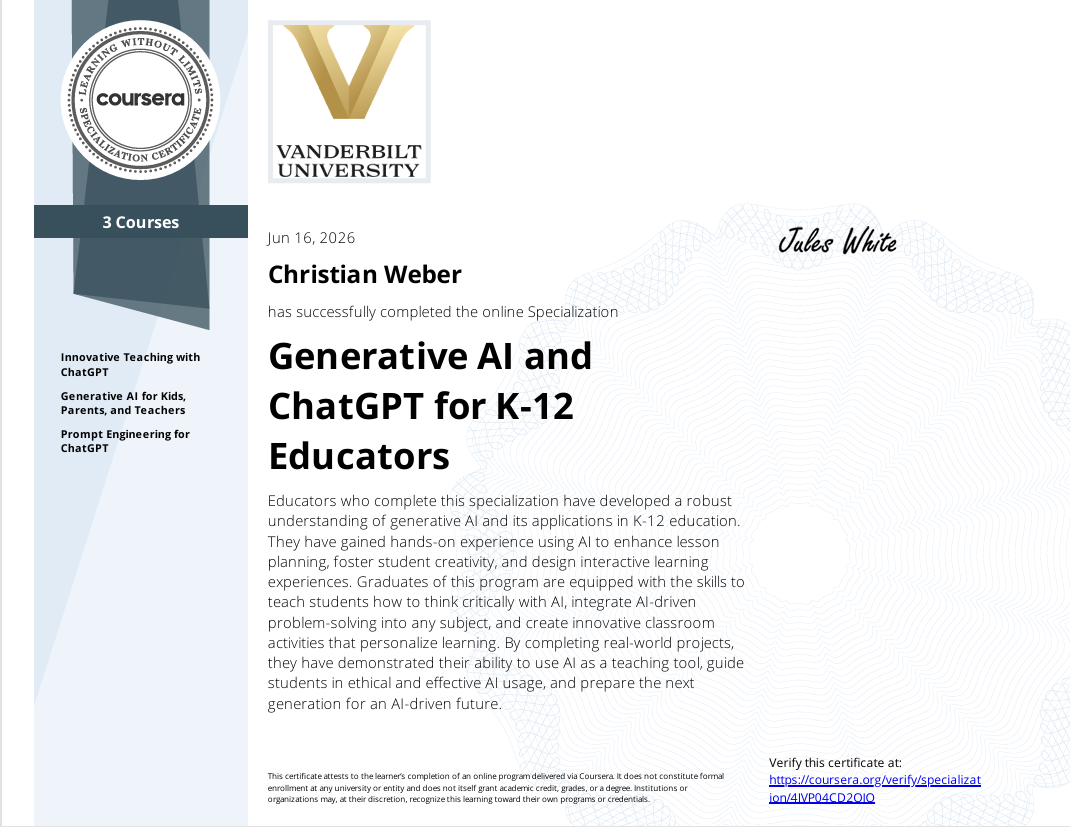 Spezialisierung "Generative AI and ChatGPT for K-12 Educators" für Christian Weber vom 16. Juni 2026.