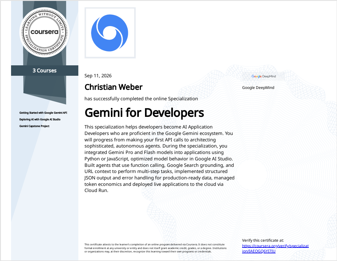 Spezialisierungzertifikat "Gemini for Developers" (Coursera, Google DeepMind), vergeben am 11. September 2026, für Christian Weber.