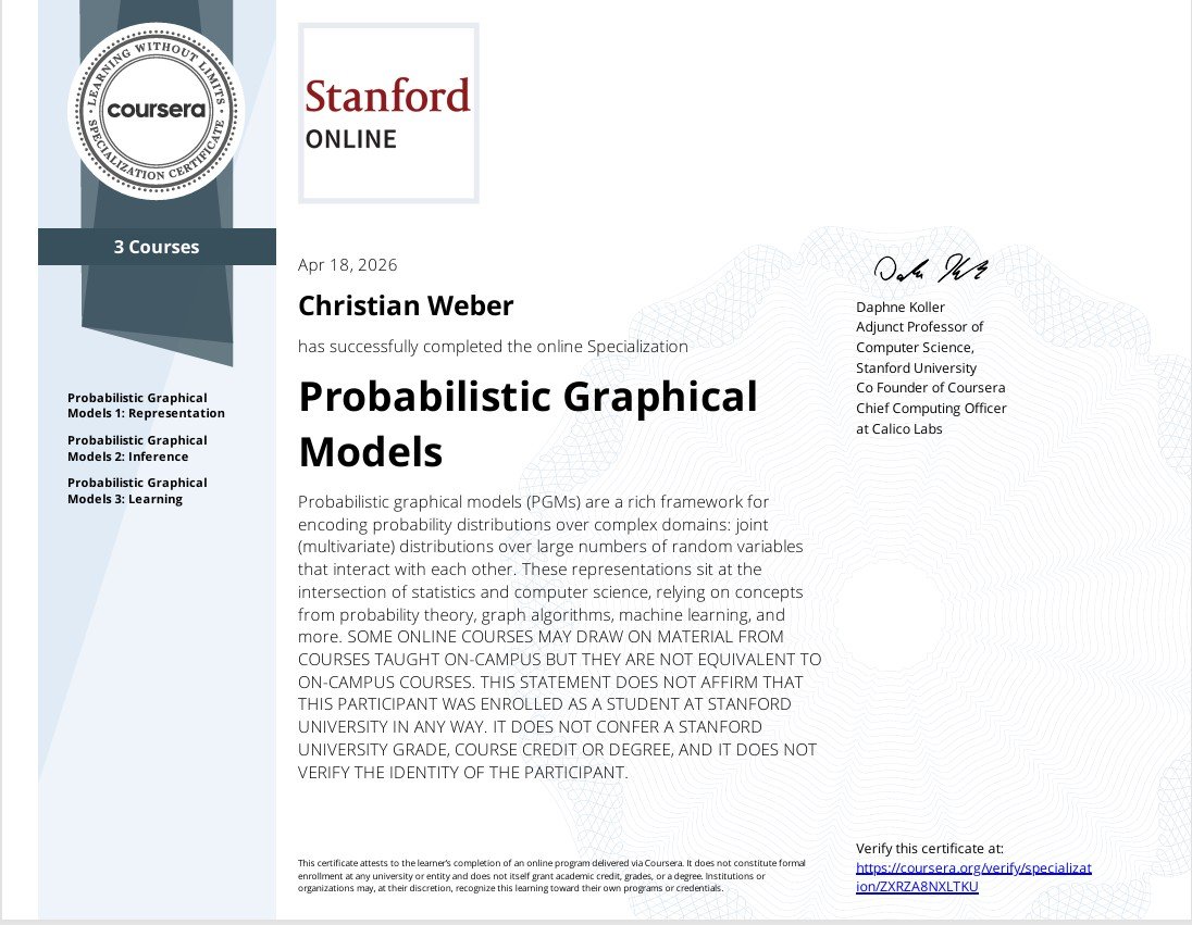 Spezialisierung 'Probabilistic Graphical Models' an der Stanford University (Online), ausgestellt an Christian Weber am 18. April 2026.