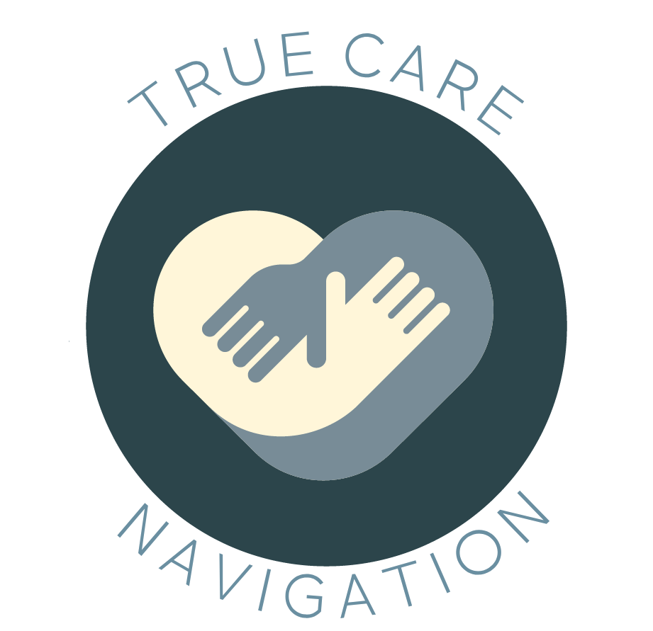 Logo with a dark teal circle featuring two hands shaking inside a heart shape, and the text "TRUE CARE NAVIGATION" curved around the top and bottom.