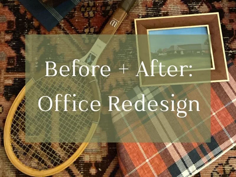 Vintage tennis racket, framed photo, and plaid fabric on patterned carpet with overlay text: 'Before + After: Office Redesign.'