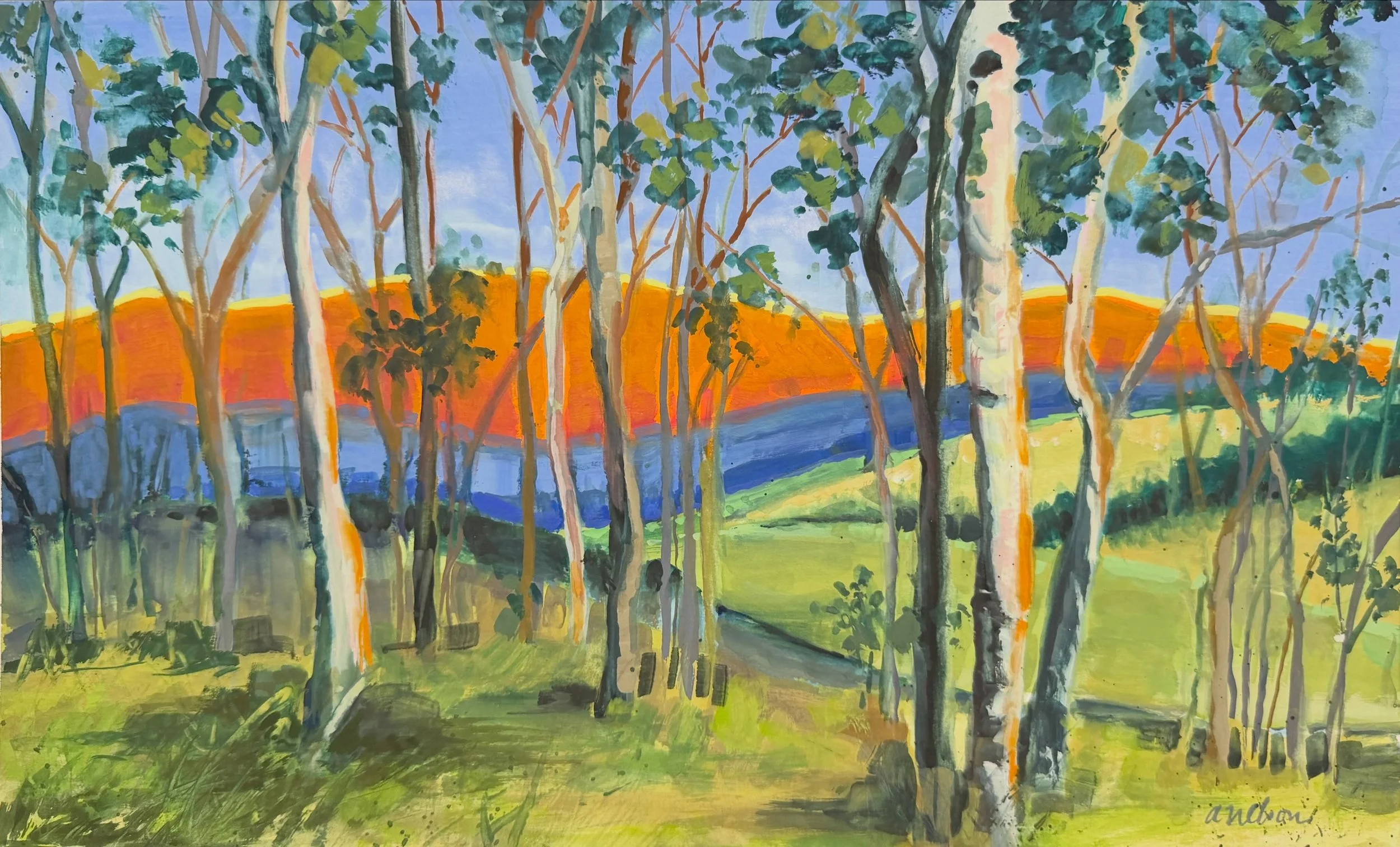 &ldquo;Morning Glow&rdquo; / casein on panel / 10x16 
I loved pushing the compliments of cad orange &amp; ultramarine blue in this one. There is nothing like the early morning light in the mountains. 
.
.
.
#oklahomaartist 
#richesoncasein 
#richeson