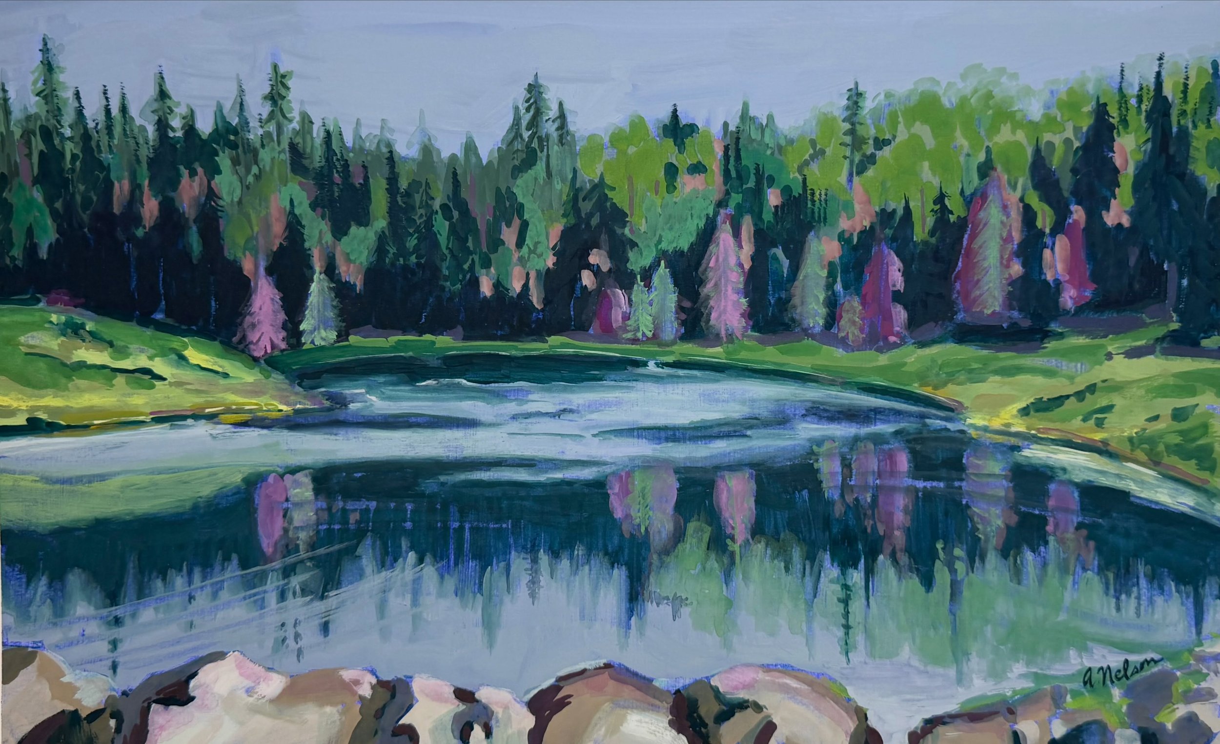 New painting - &ldquo;Deer Lakes&rdquo; - acrylic/watercolor/casein. We painted plein air here in August - a beautiful spot off of hwy 149 between Creede &amp; Lake City, known for moose sightings. And we got to see 6!!! 

#oklahomaartist 
#richesonc