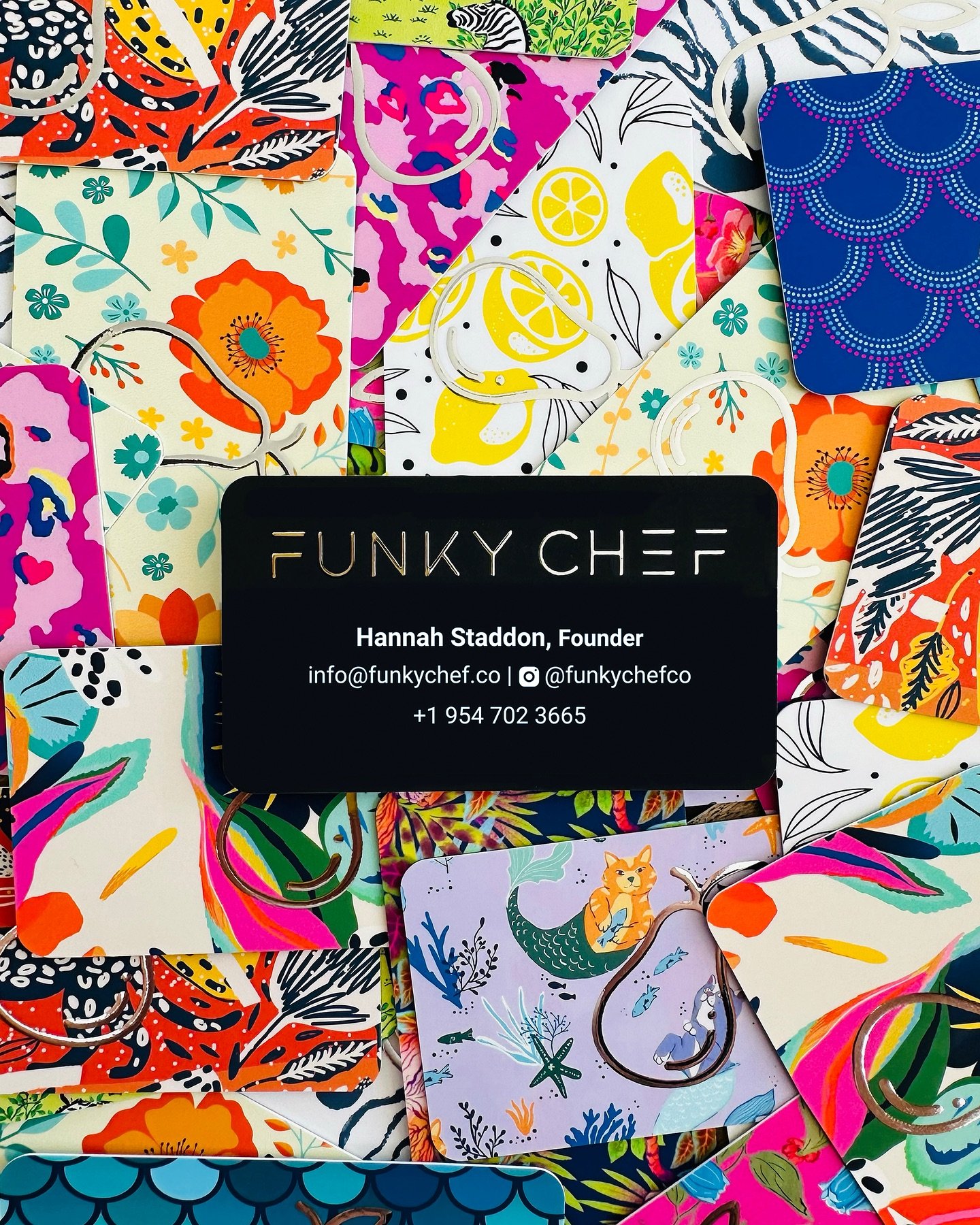 Business cards that are pretty enough to collect! Our client @funkychefco makes beautiful, limited-edition, fitted chef jackets for women featuring vibrant patterns. When founder Hannah Staddon asked us to design her cards, we couldn&rsquo;t be more 